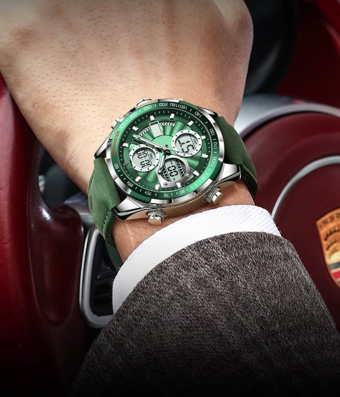 Antoine Chronograph Leather Strap Wristwatch - Green