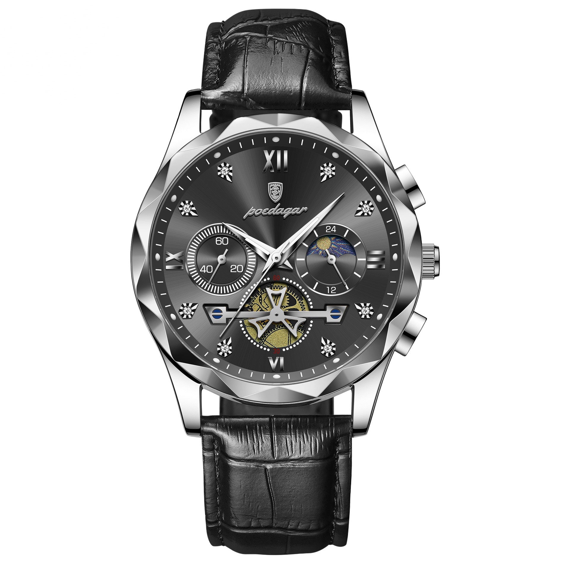 Andrew Chronograph Leather Strap Wristwatch - Black/Silver