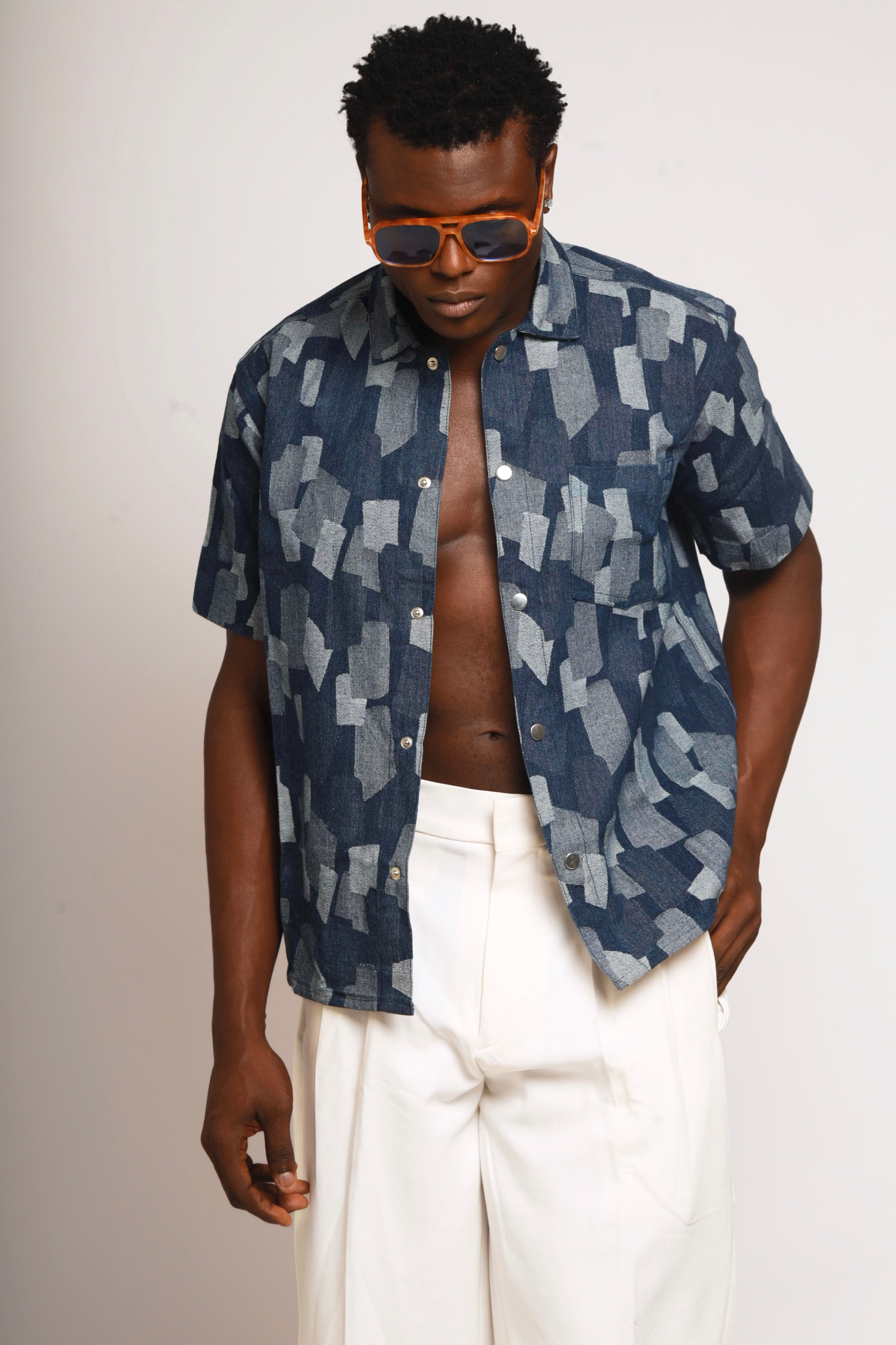 Callum Block Print Denim Cropped Overshirt