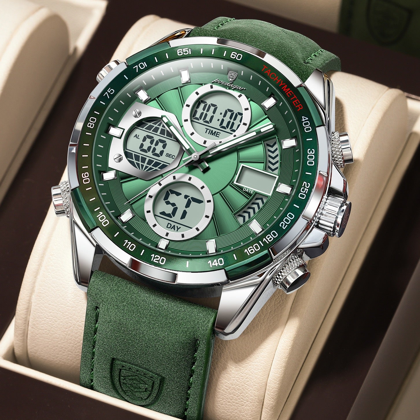 Antoine Chronograph Leather Strap Wristwatch - Green