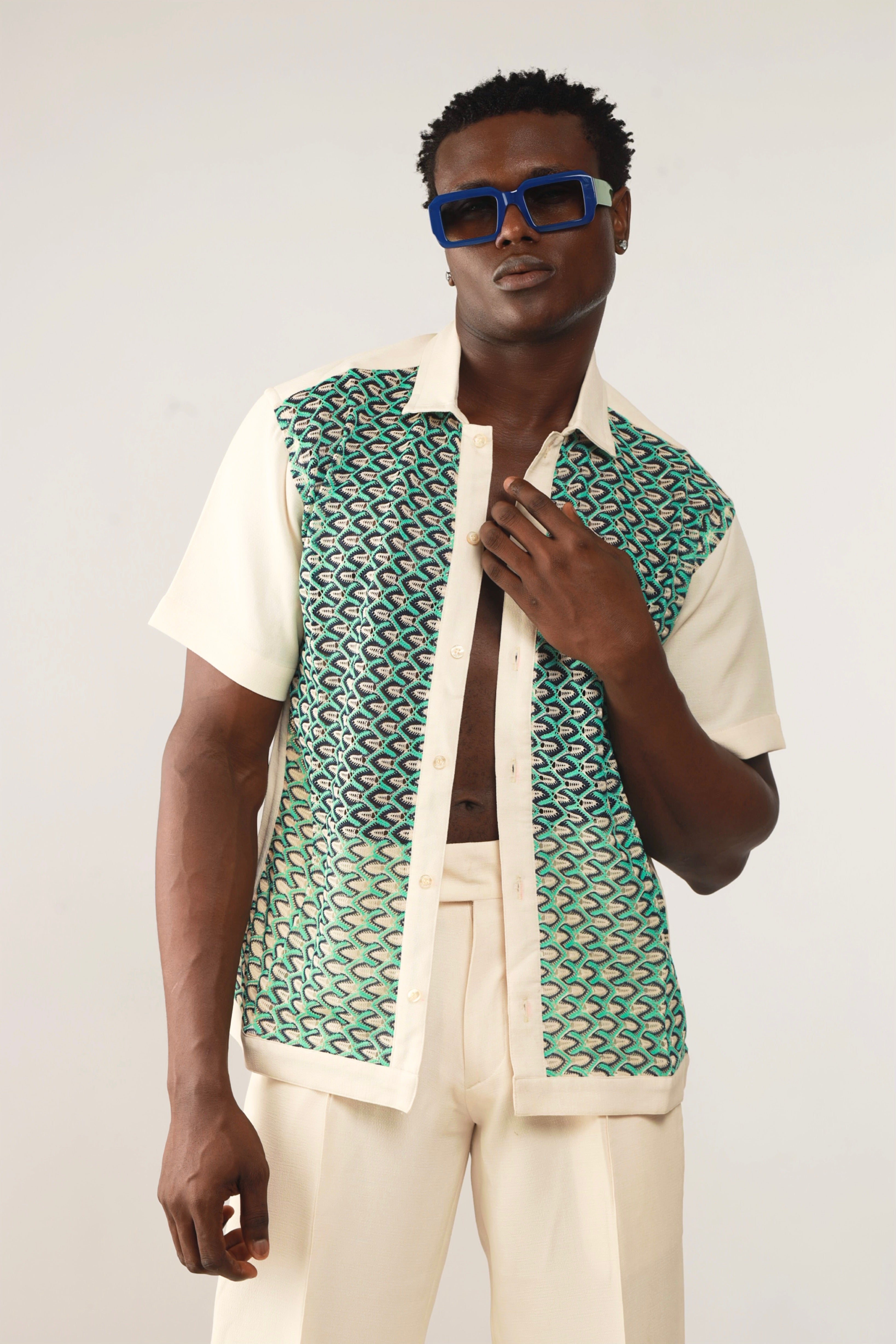 Cleo Resort Lace Print Shirt - Oatmeal/Green