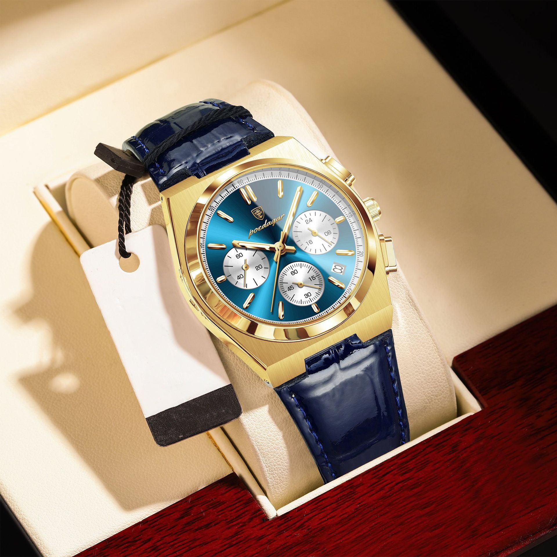 Anthony Chronograph Leather Strap Wristwatch - Gold/Blue