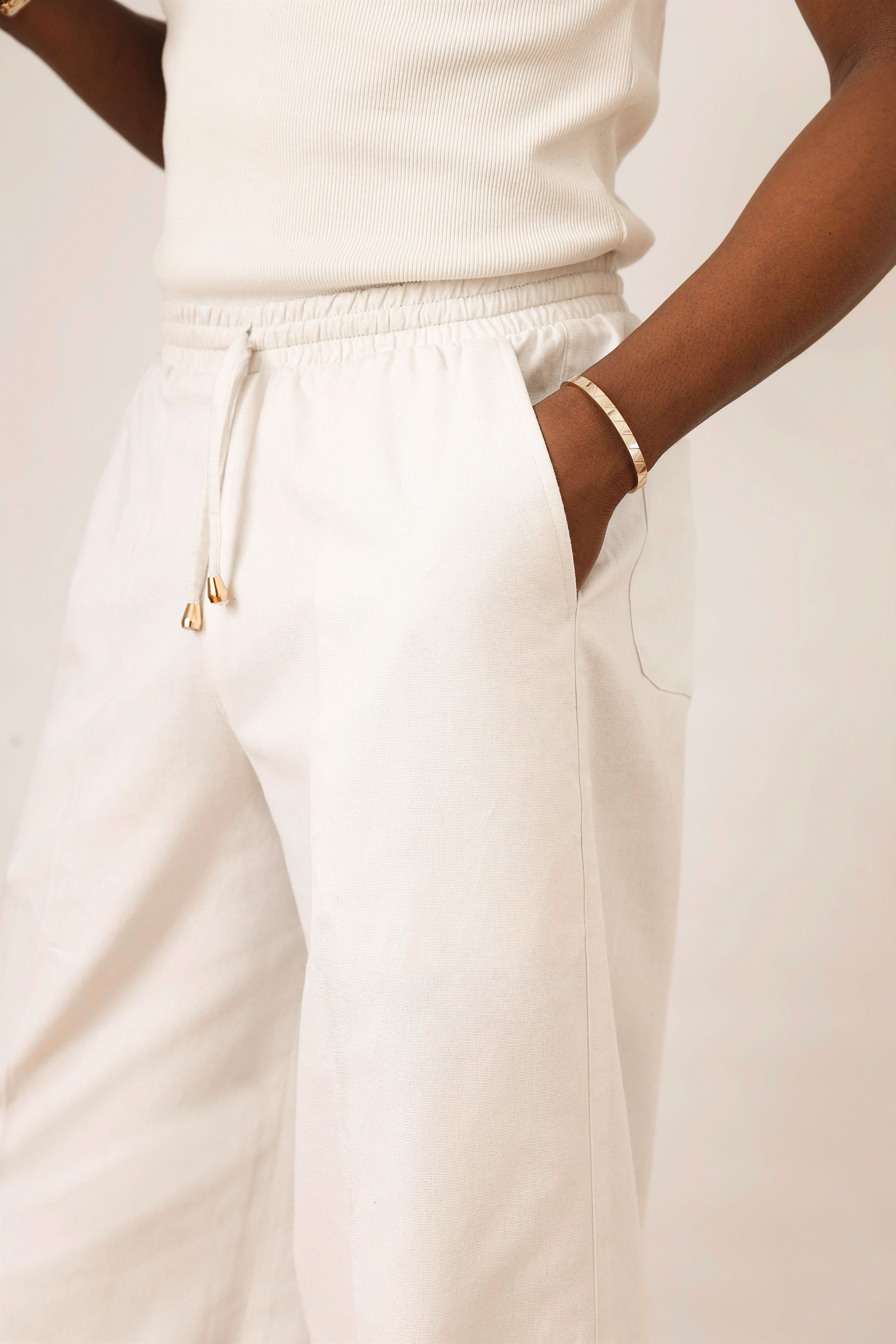Cairo Linen Blend Baggy Drawstring Pants - White-4