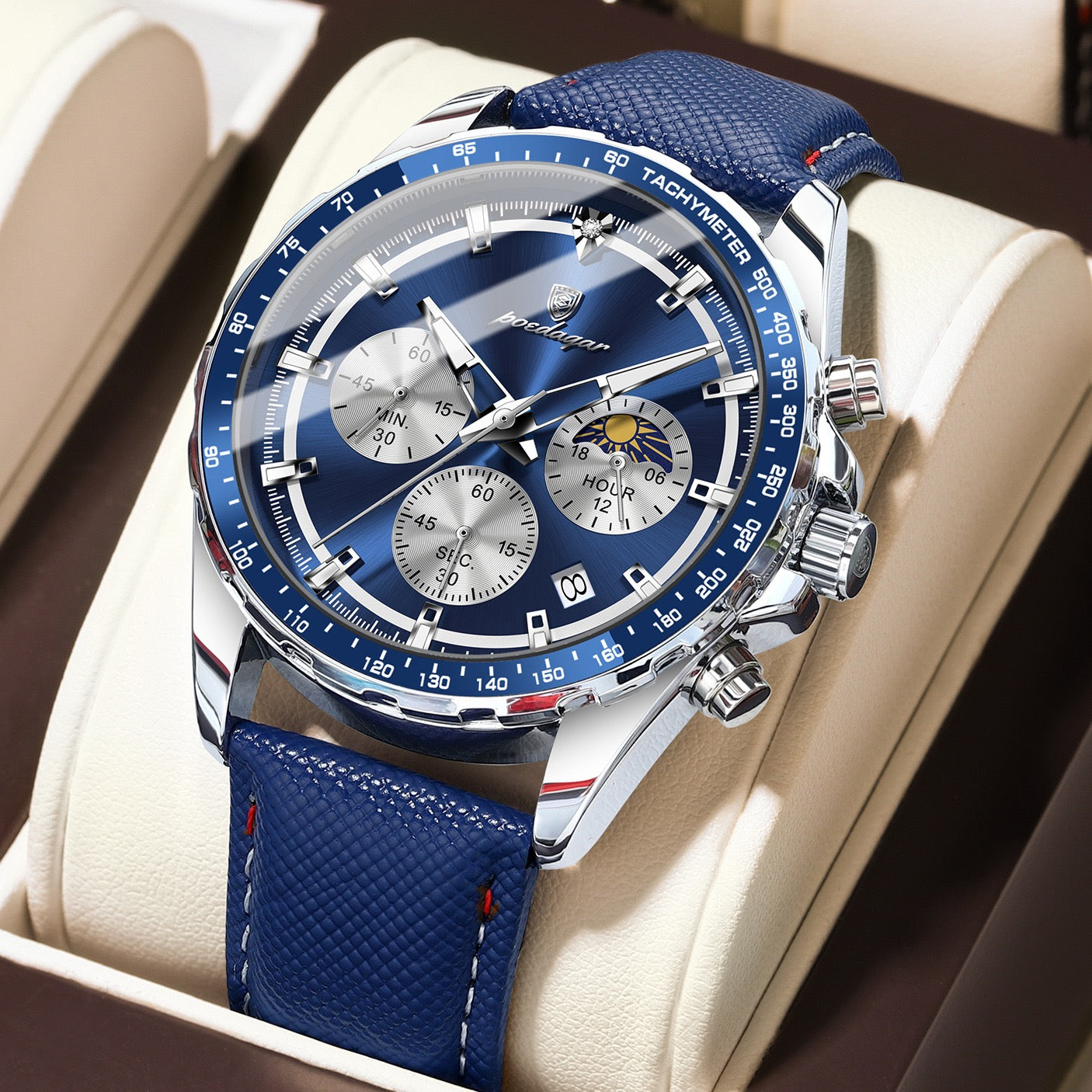 Axel Chronograph Leather Strap Wristwatch - Blue