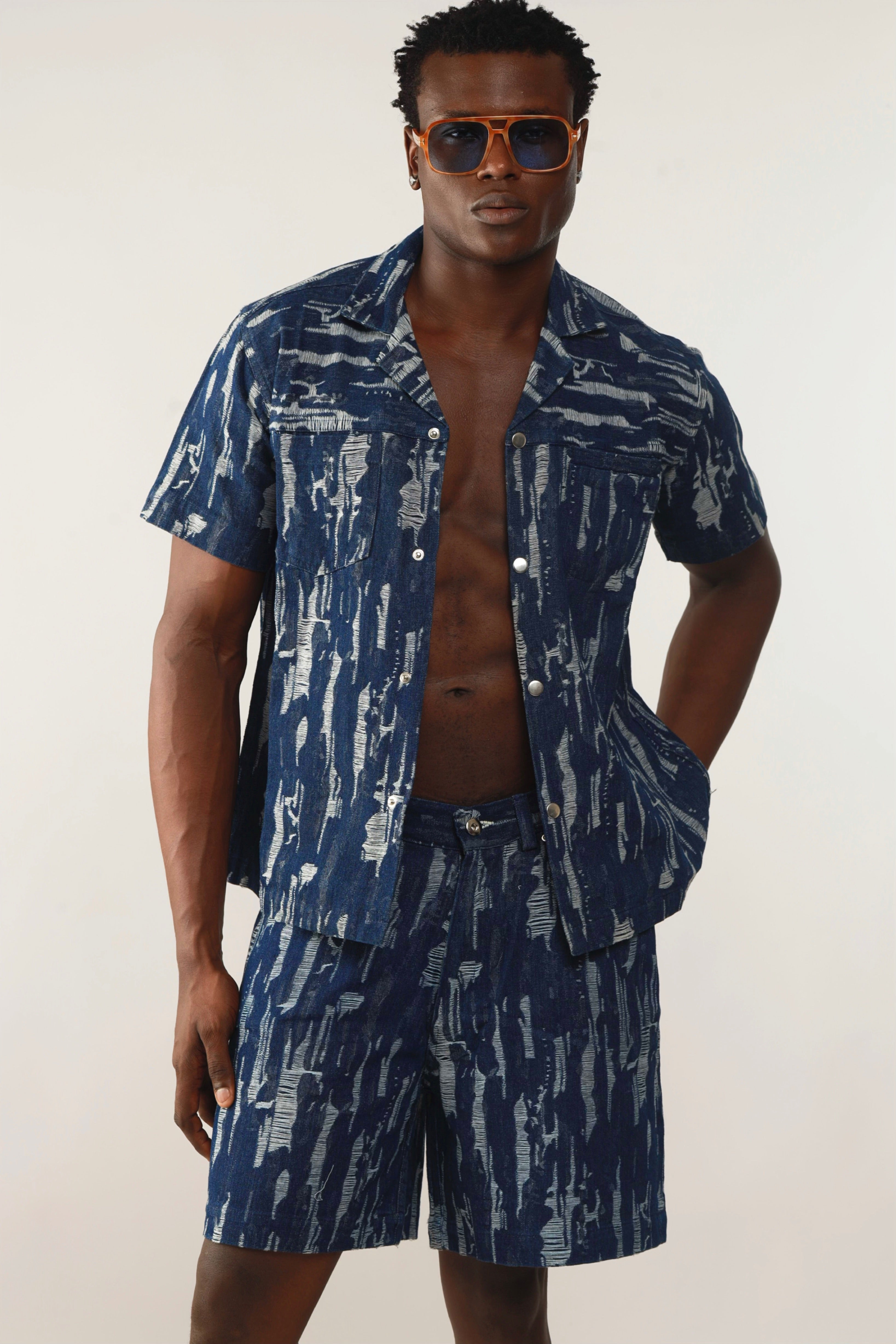 Cairo Distressed Denim Cuban Shirt & Short/Jort (Two-Piece Set)
