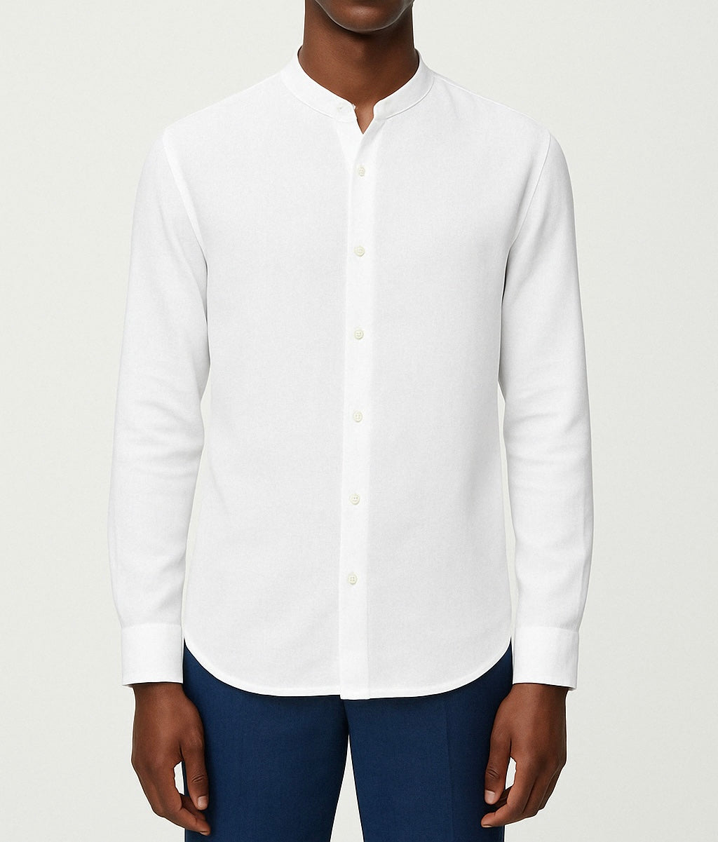 Cairo Linen Blend Mandarin Collar Shirt - White-3