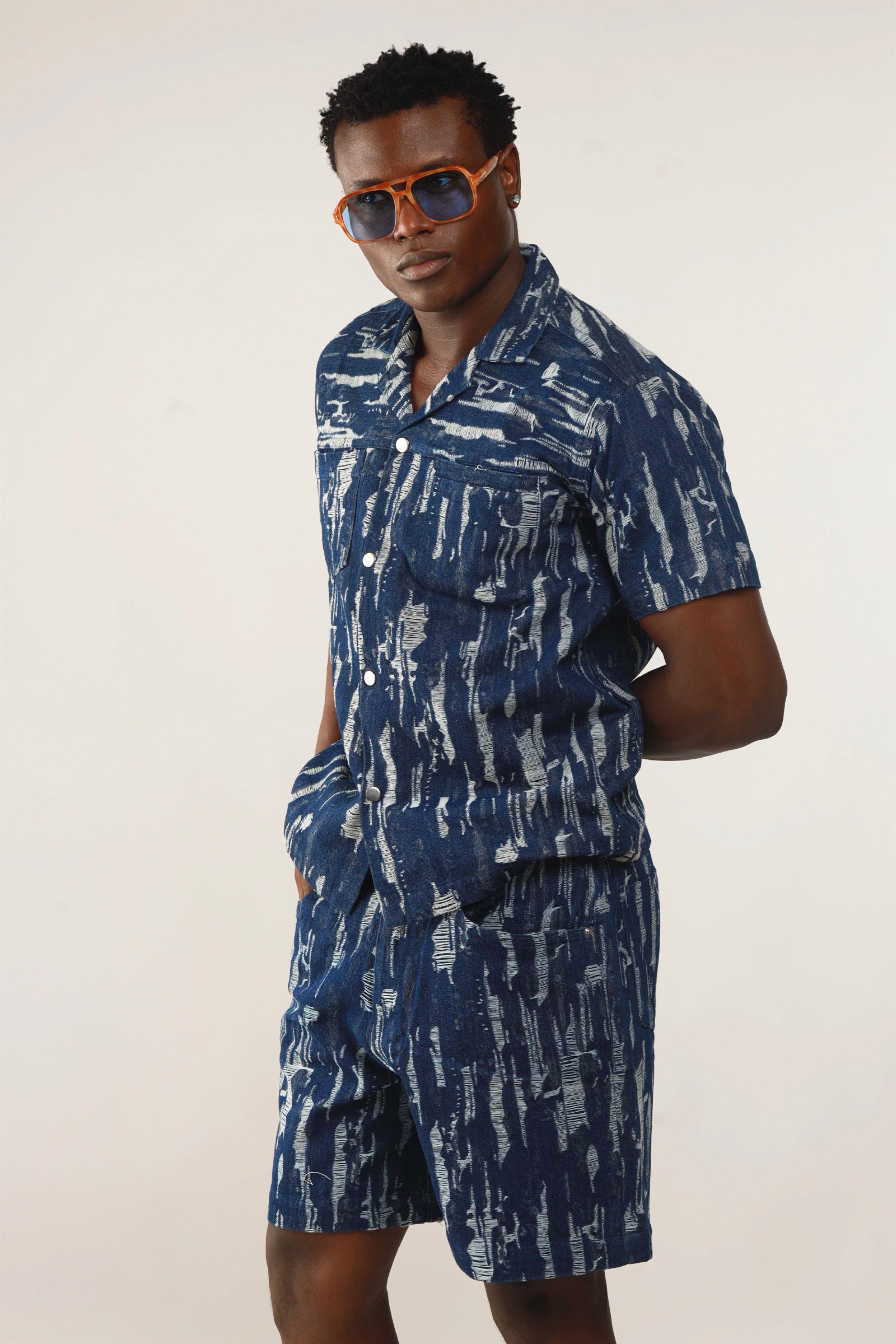 Cairo Distressed Denim Cuban Shirt & Short/Jort (Two-Piece Set)-25