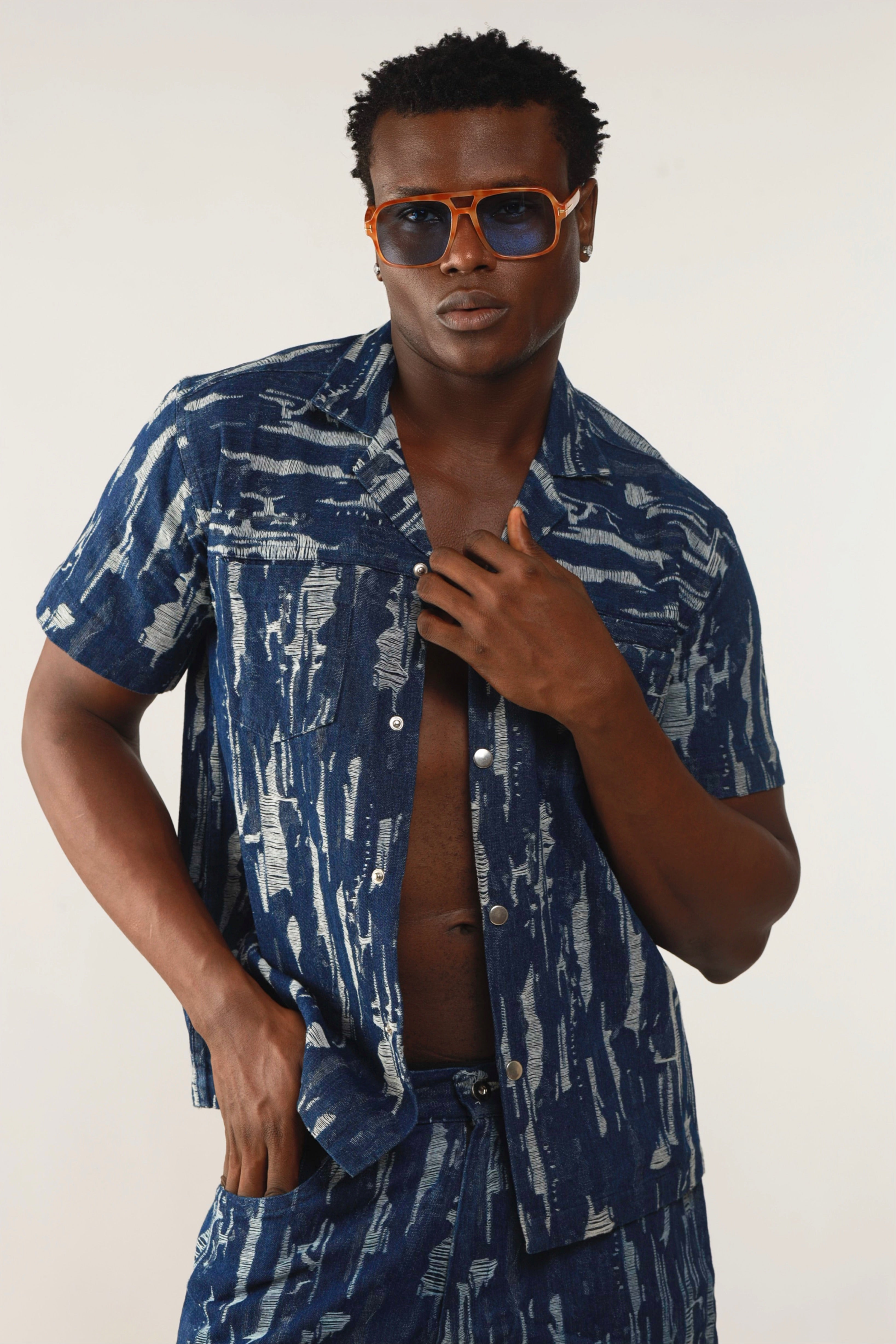 Cairo Distressed Denim Cuban Shirt & Short/Jort (Two-Piece Set)