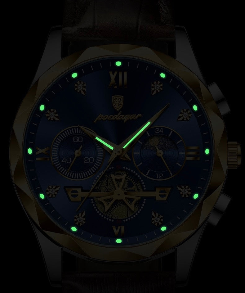 Andrew Chronograph Leather Strap Wristwatch - Brown/Green/Gold