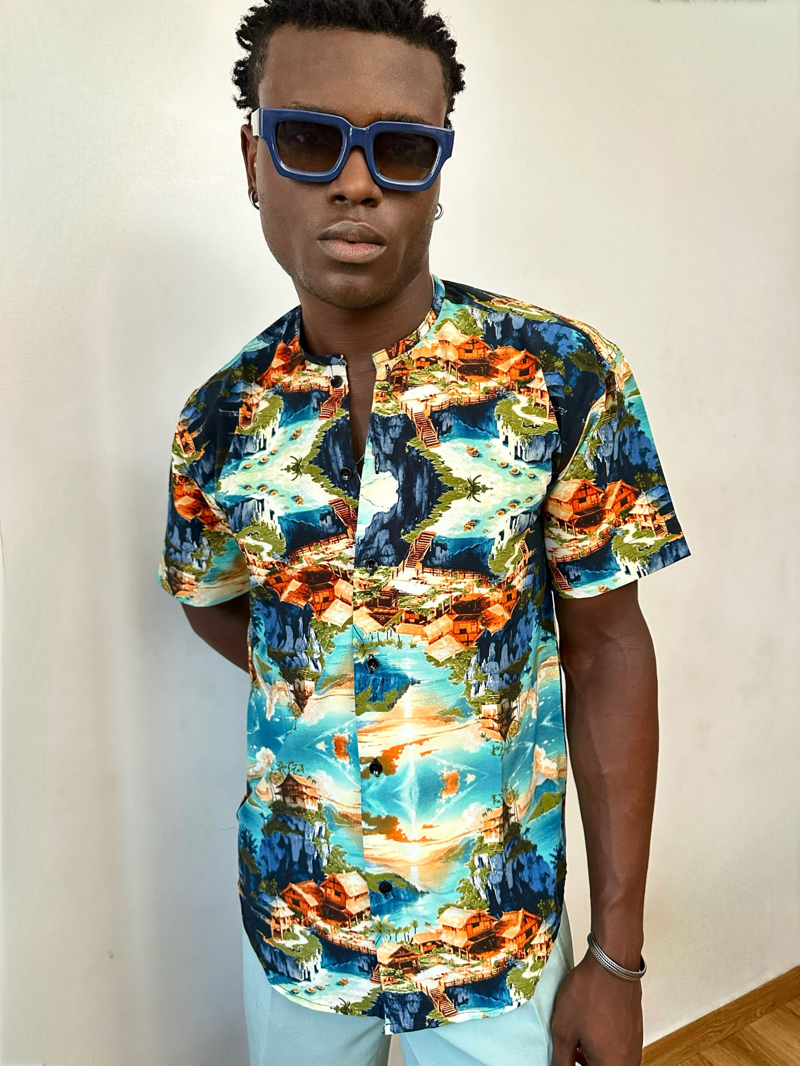 Castiel Relaxed Jungle Print Mandarin Collar Shirt
