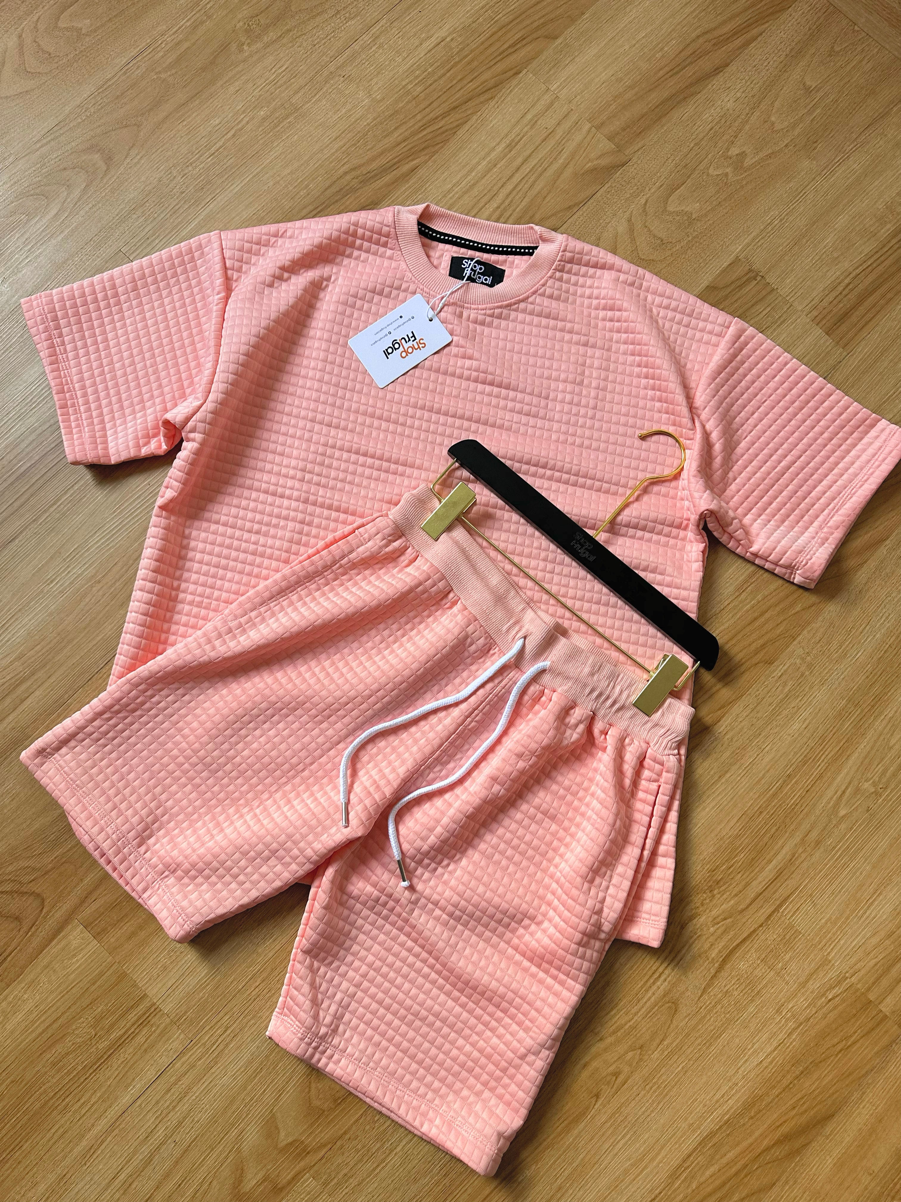 Carly Waffle Knit Boxy Fit Cotton Two Piece Set - (Tshirt & Short)