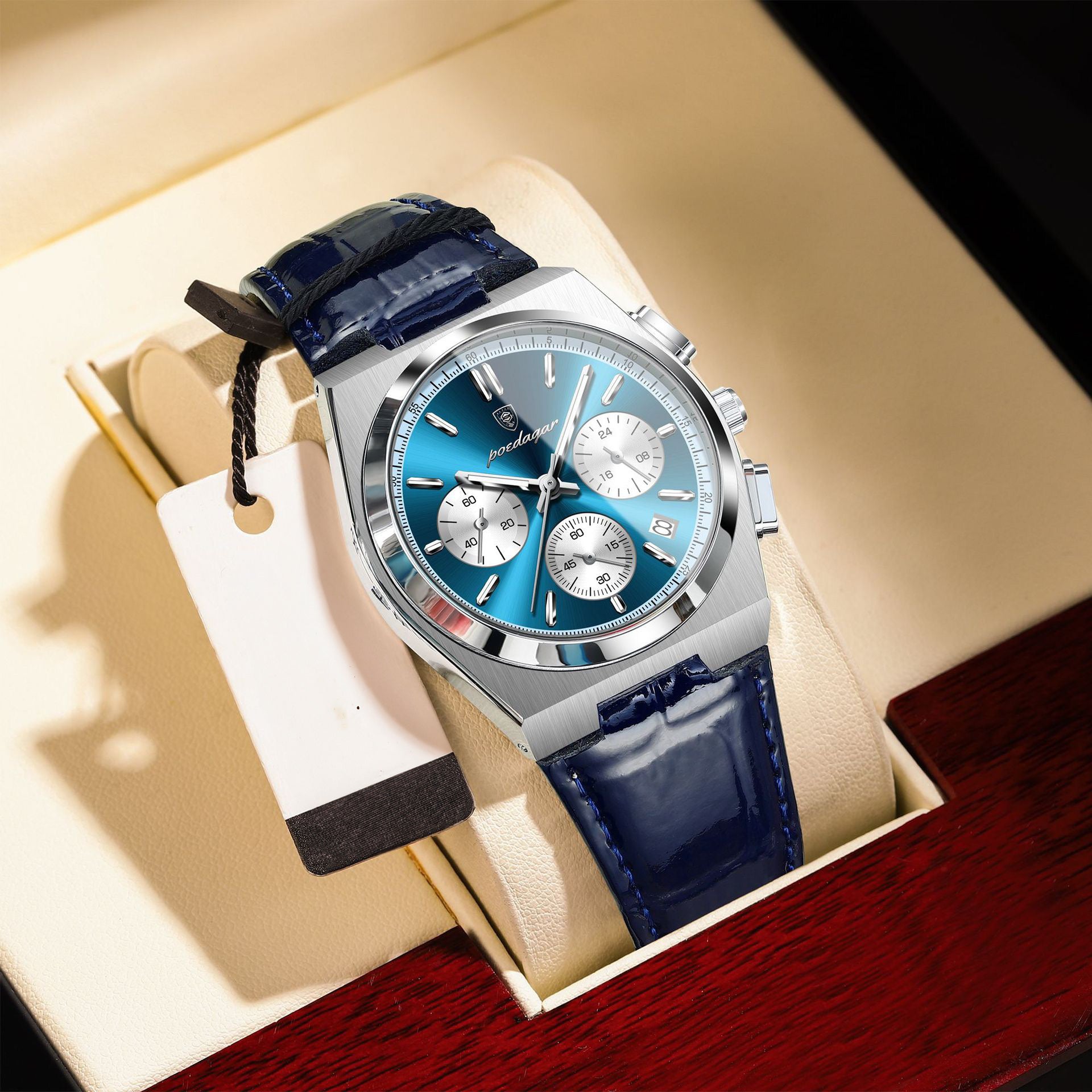 Anthony Chronograph Leather Strap Wristwatch - Silver/Blue