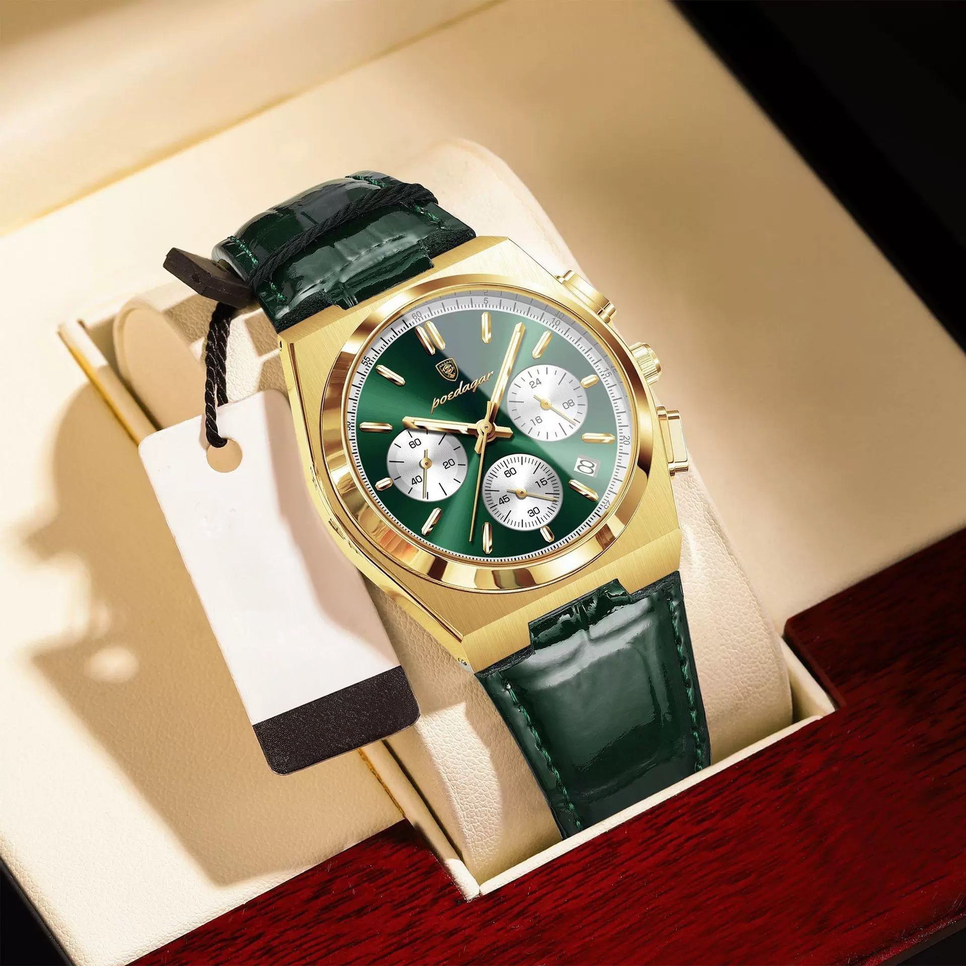 Anthony Chronograph Leather Strap Wristwatch - Gold/Green