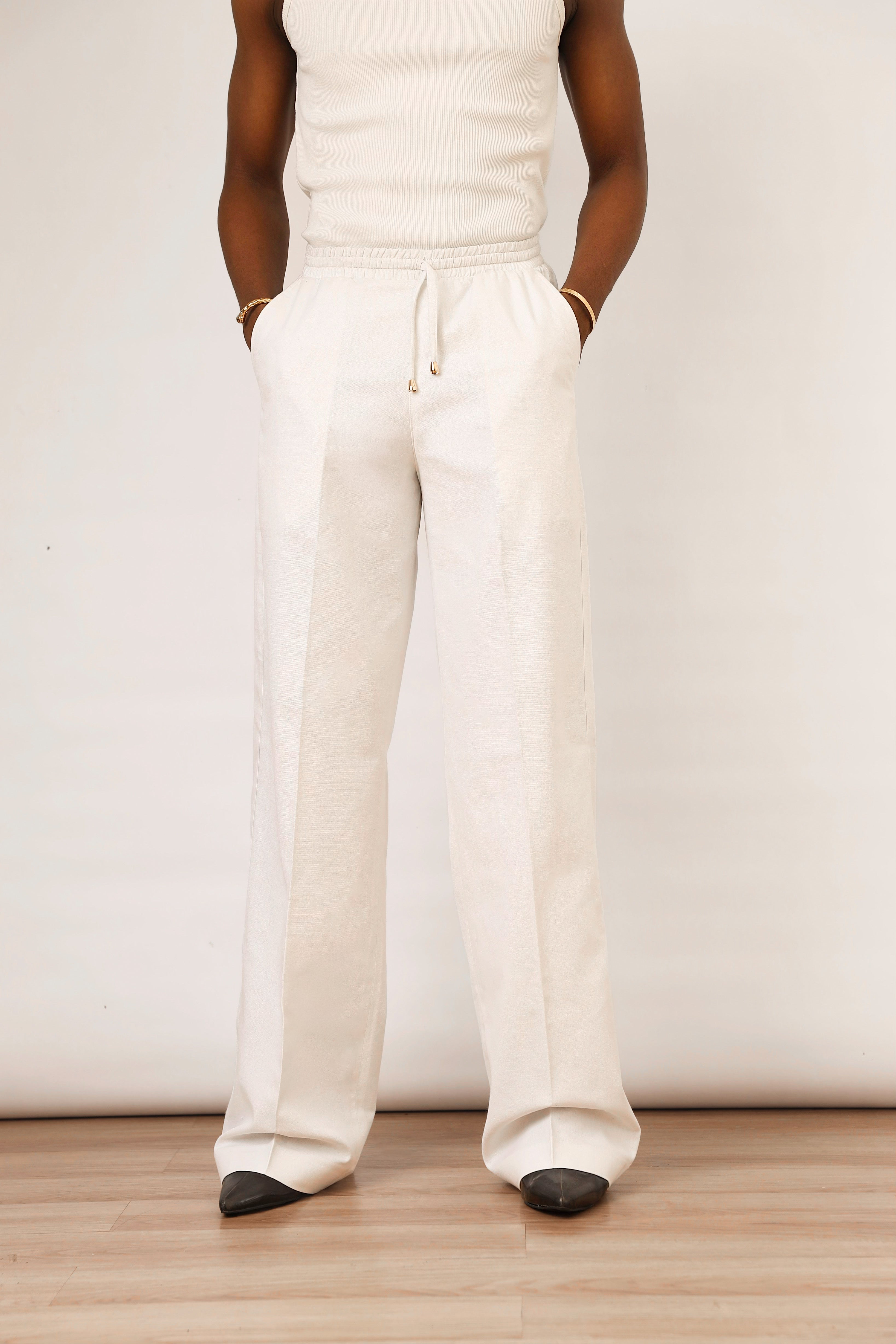 Cairo Linen Blend Baggy Drawstring Pants - White