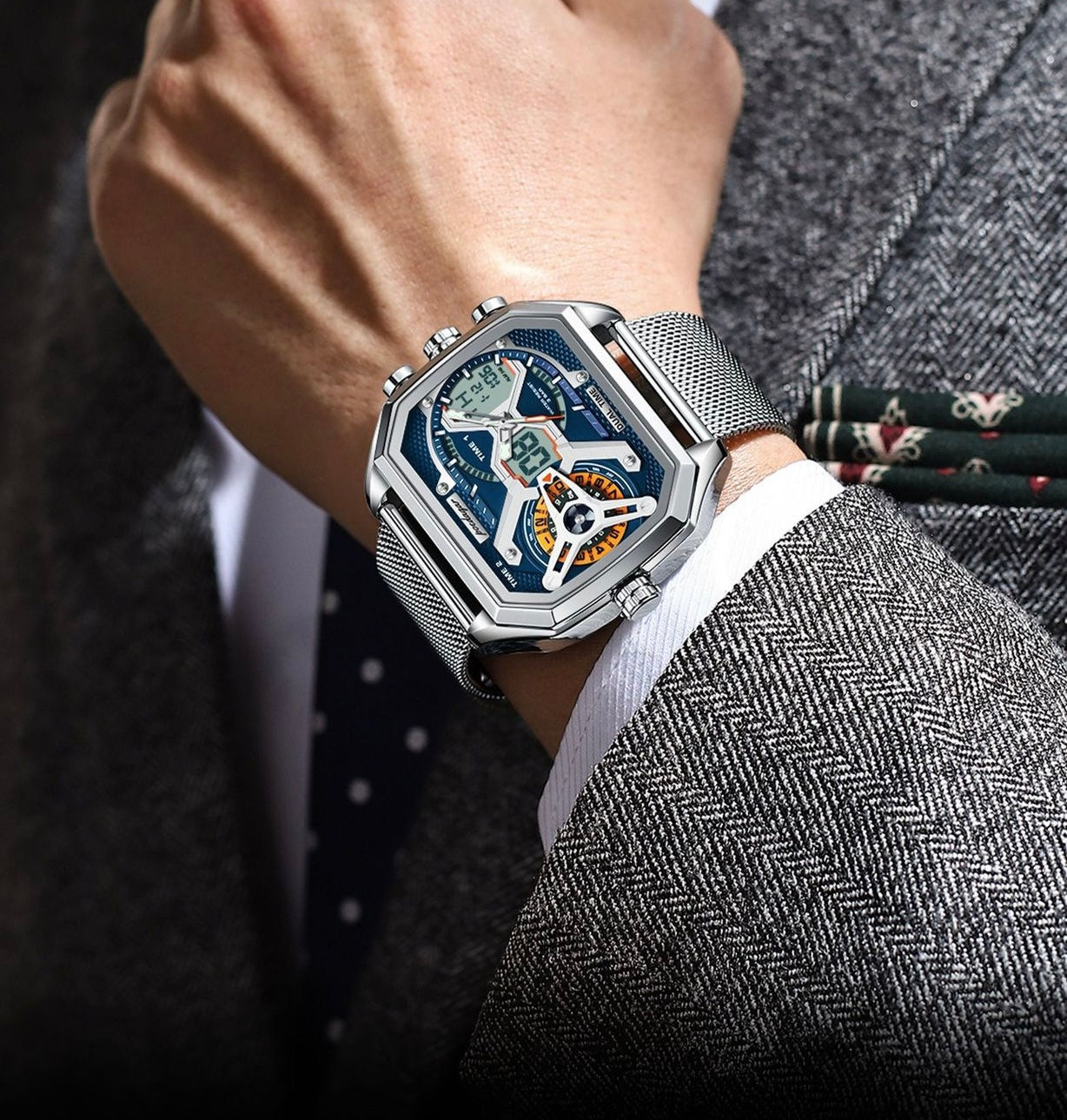 Amir Chronograph Stainless Steel Wristwatch - Silver/Blue