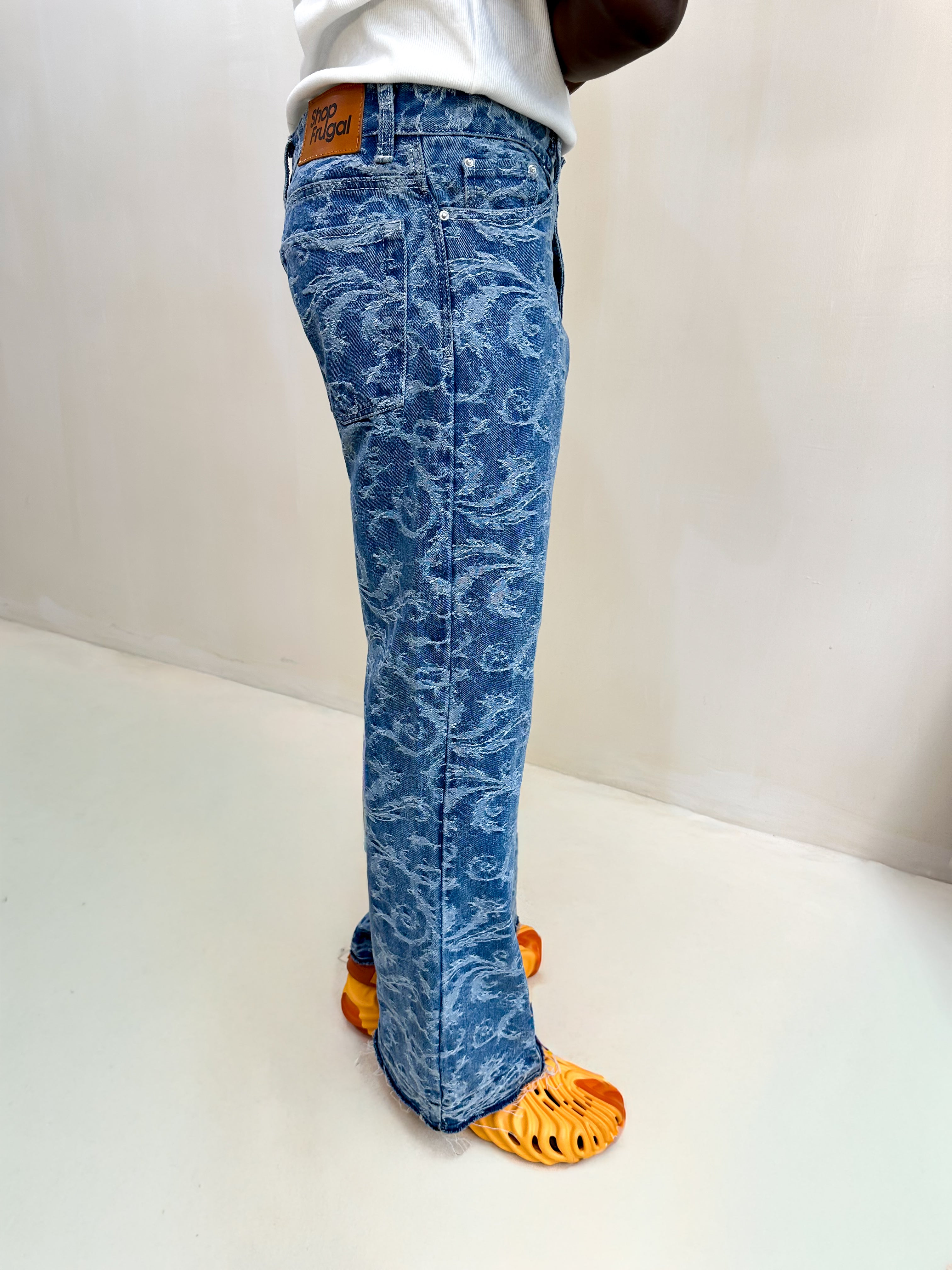 Ciela Jacquard Relaxed Flared Raw Hem Jeans