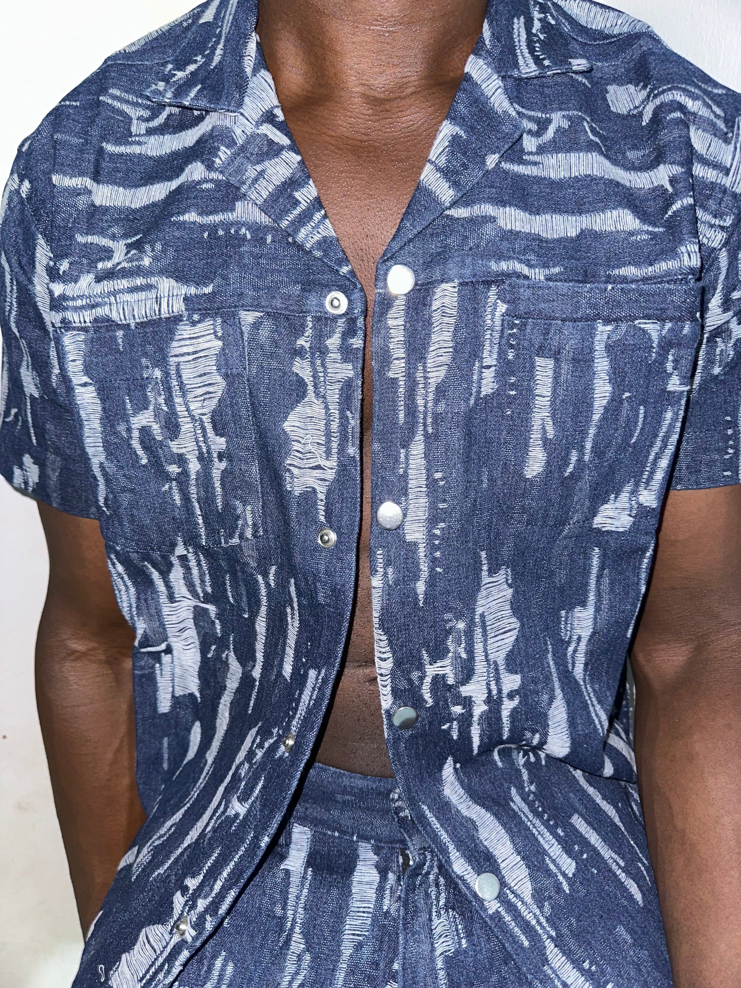 Cairo Distressed Denim Cuban Shirt & Short/Jort (Two-Piece Set)