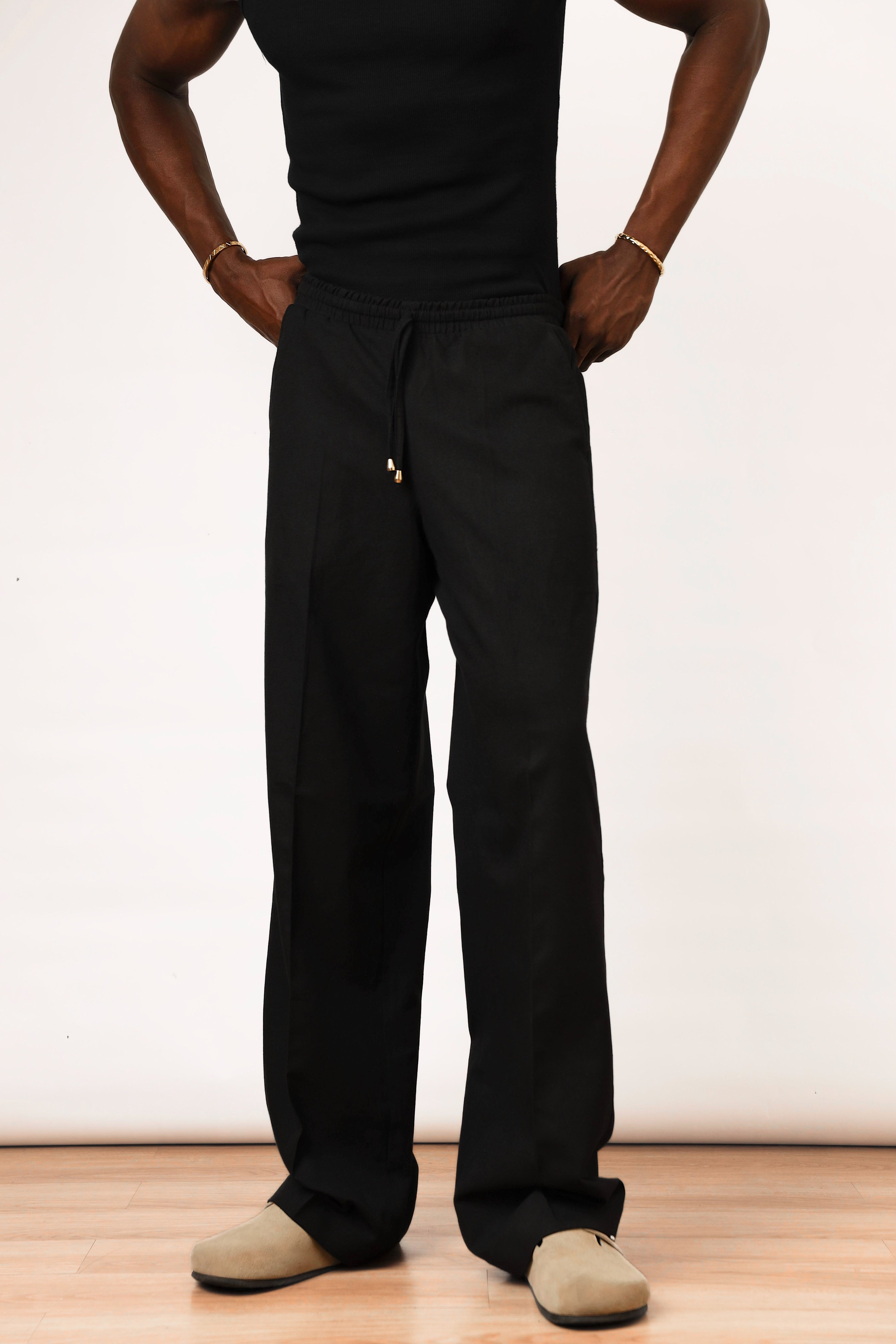 Cairo Linen Blend Baggy Drawstring Pants - Black