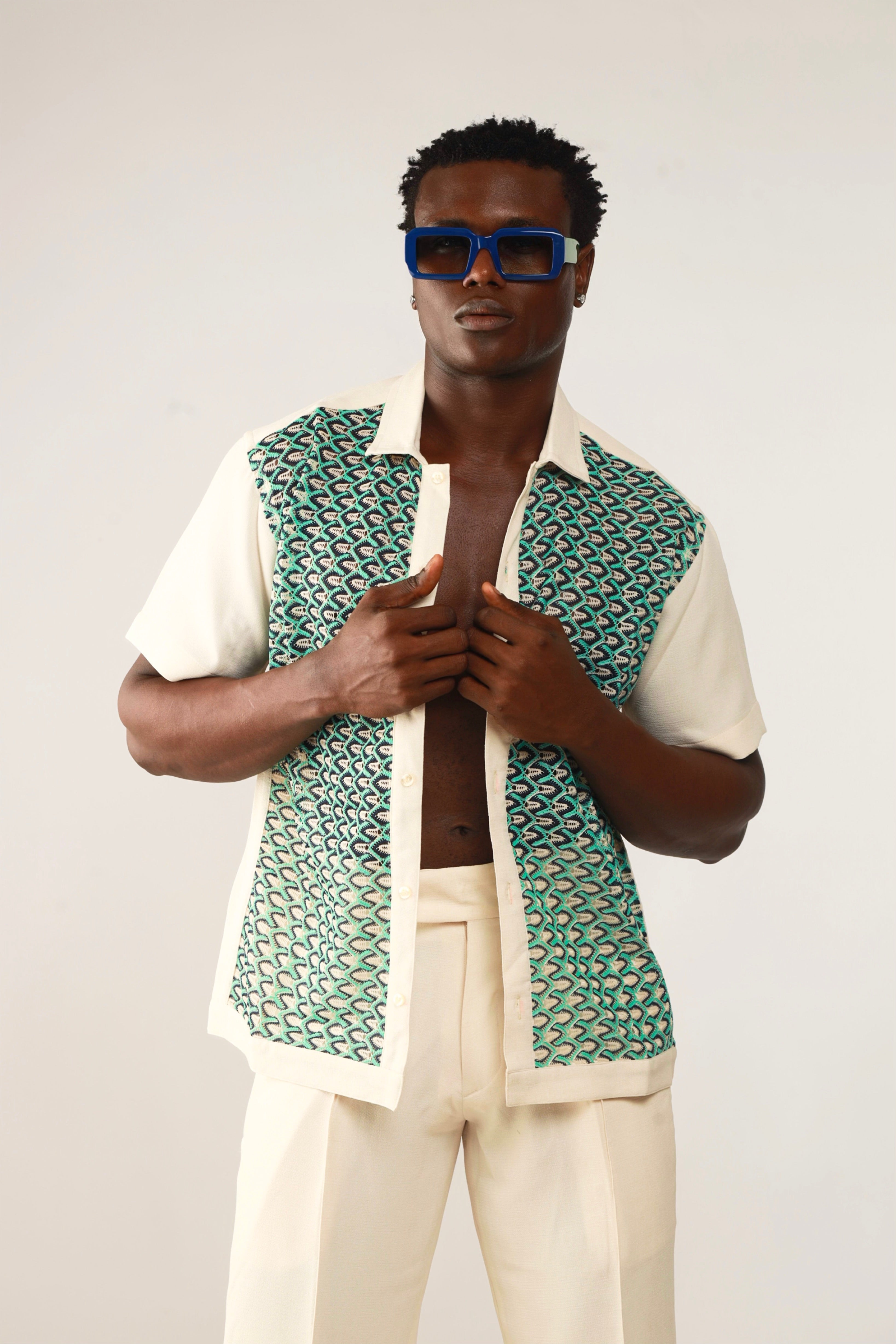 Cleo Resort Lace Print Shirt - Oatmeal/Green