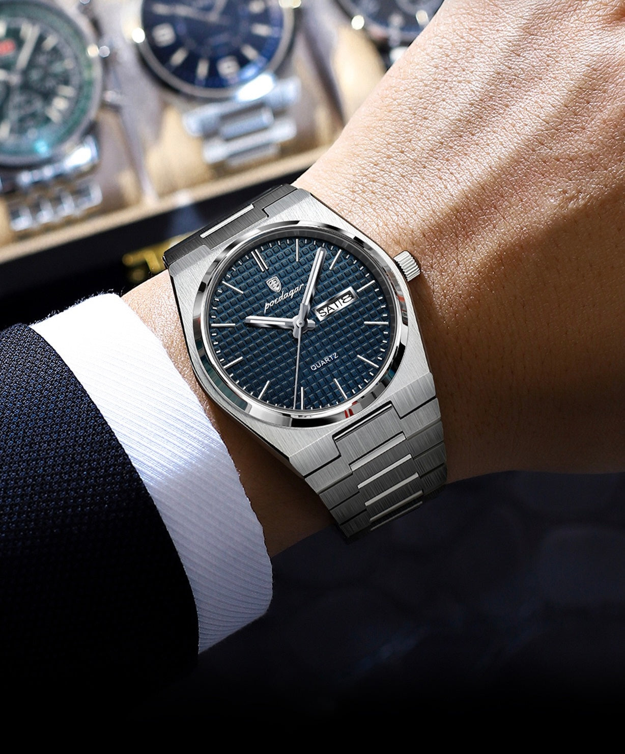 Alexis 2.0 Textured Dial Stainless Wristwatch - Silver/Gold/Blue