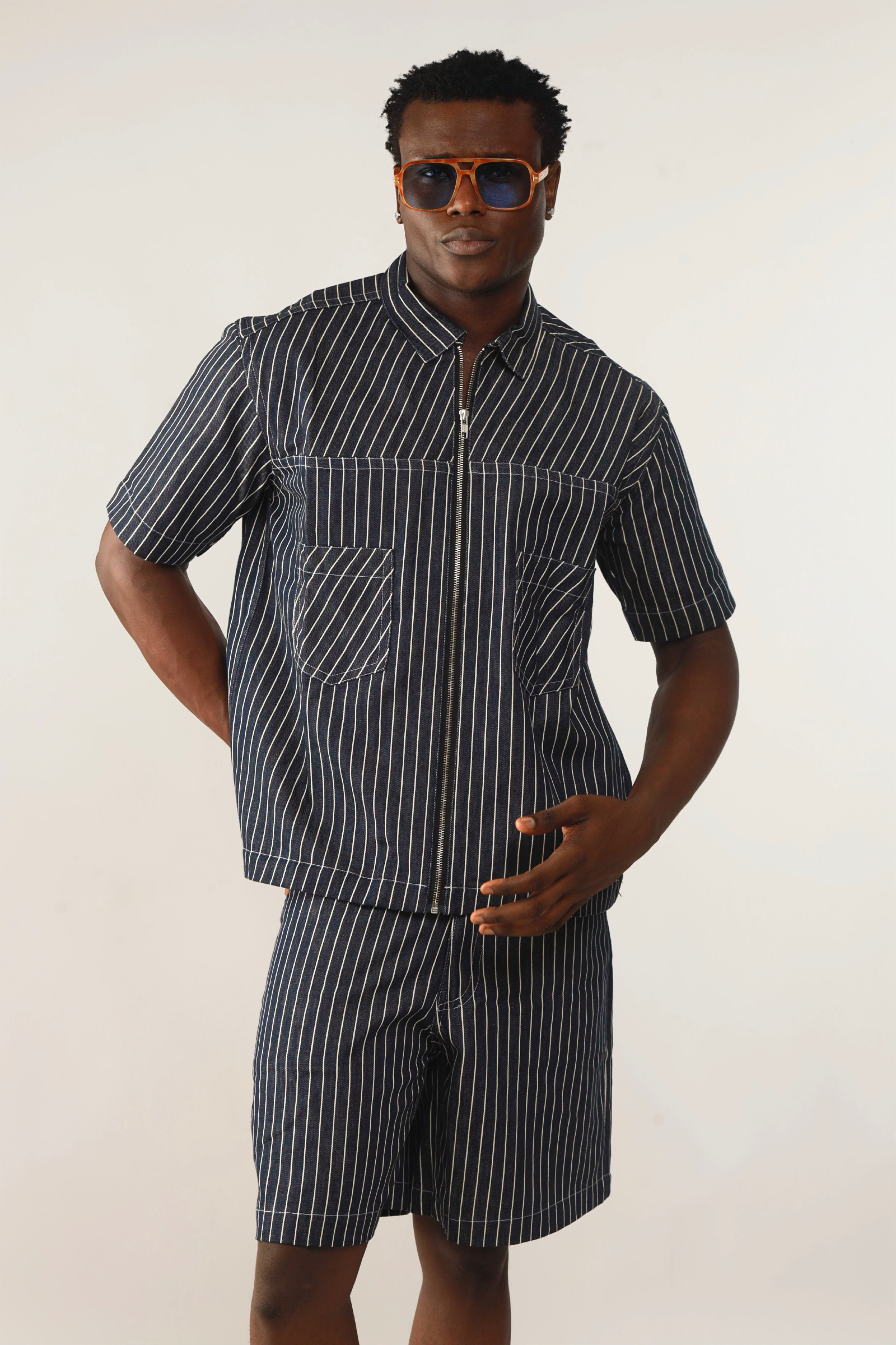 Claire Stripe Denim Zipper Shirt Jacket