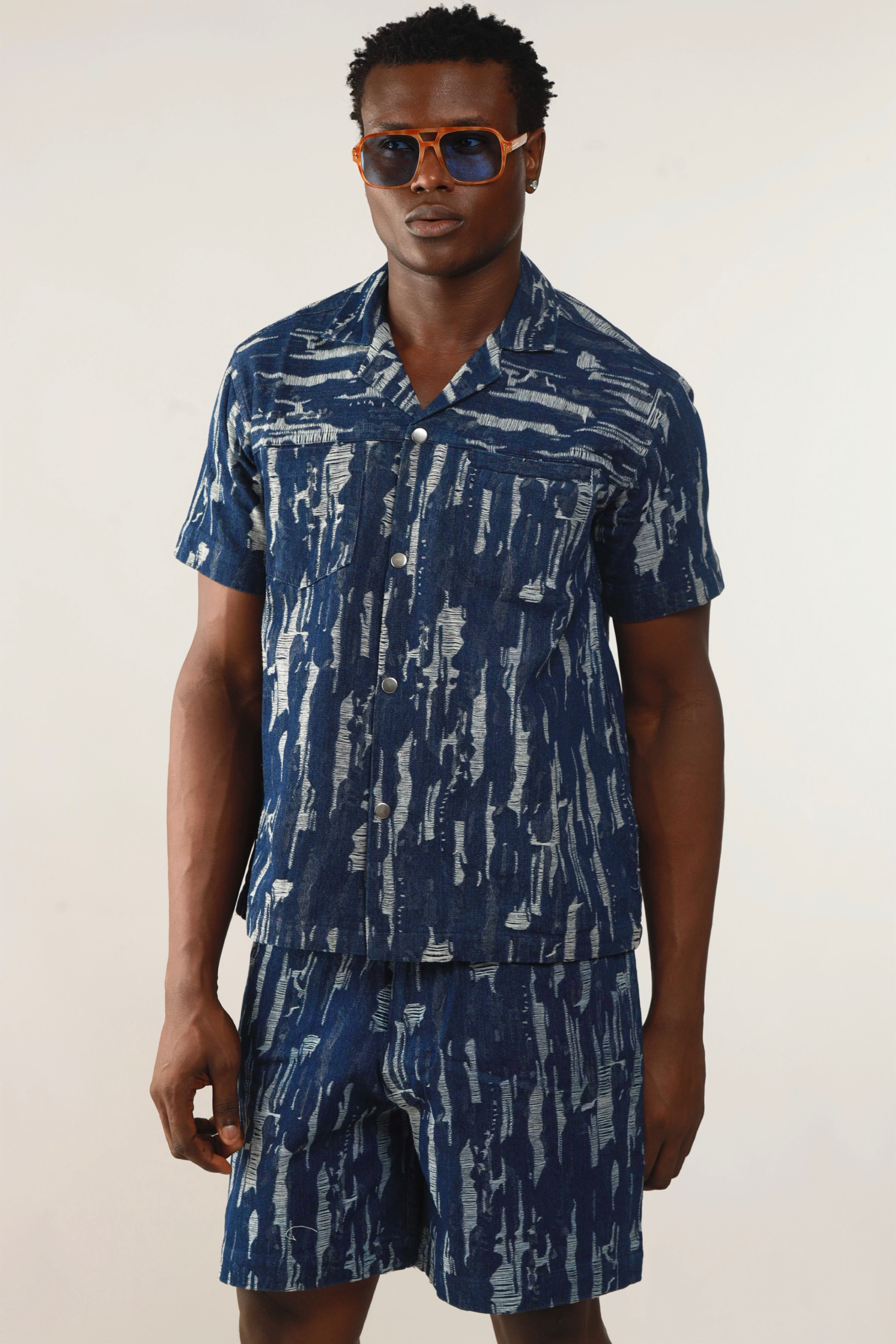 Cairo Distressed Denim Cuban Shirt & Short/Jort (Two-Piece Set)