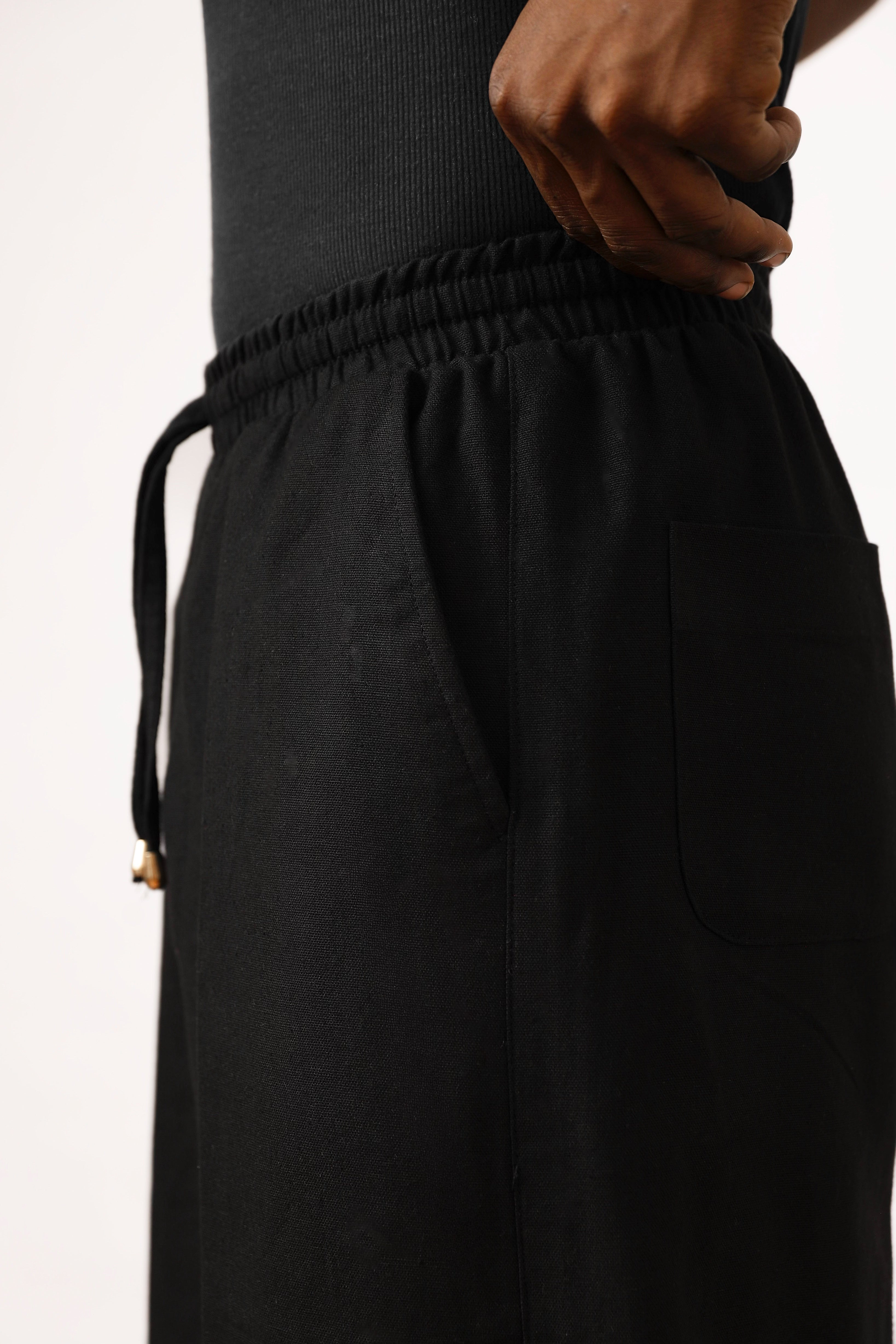 Cairo Linen Blend Baggy Drawstring Pants - Black