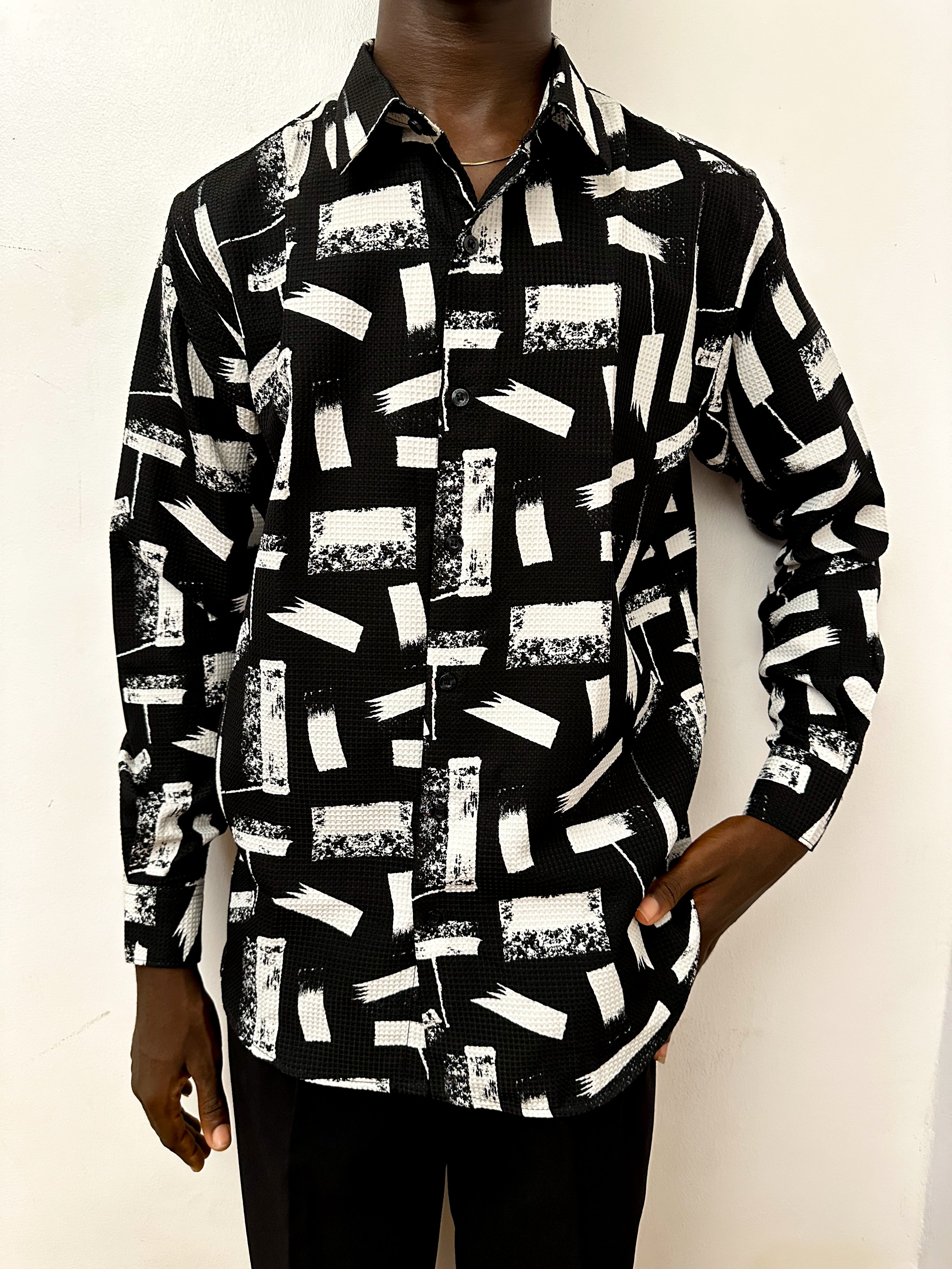 Cauis Stroke Waffle Print Longsleeve Shirt - Black