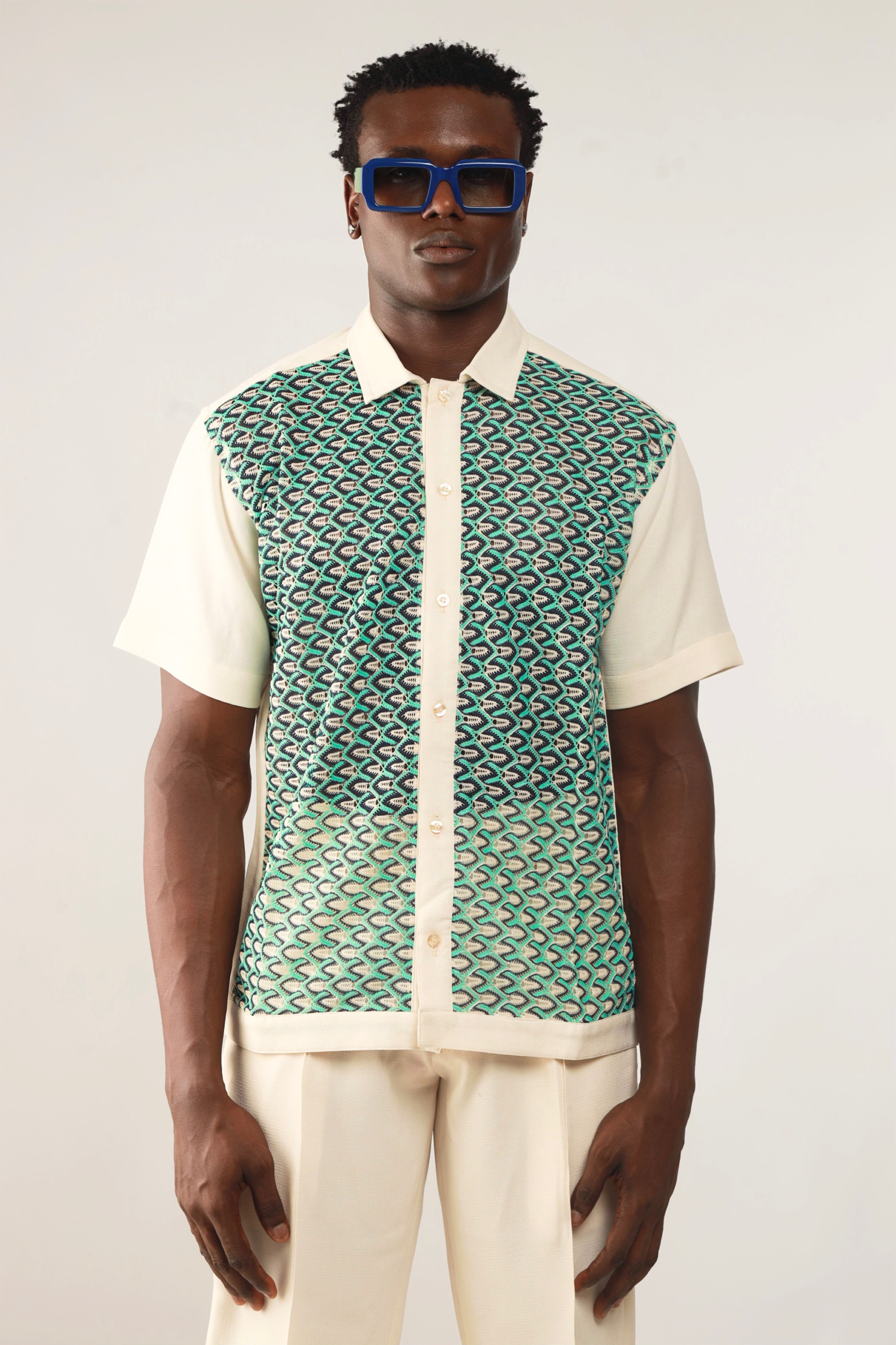 Cleo Resort Lace Print Shirt - Oatmeal/Green