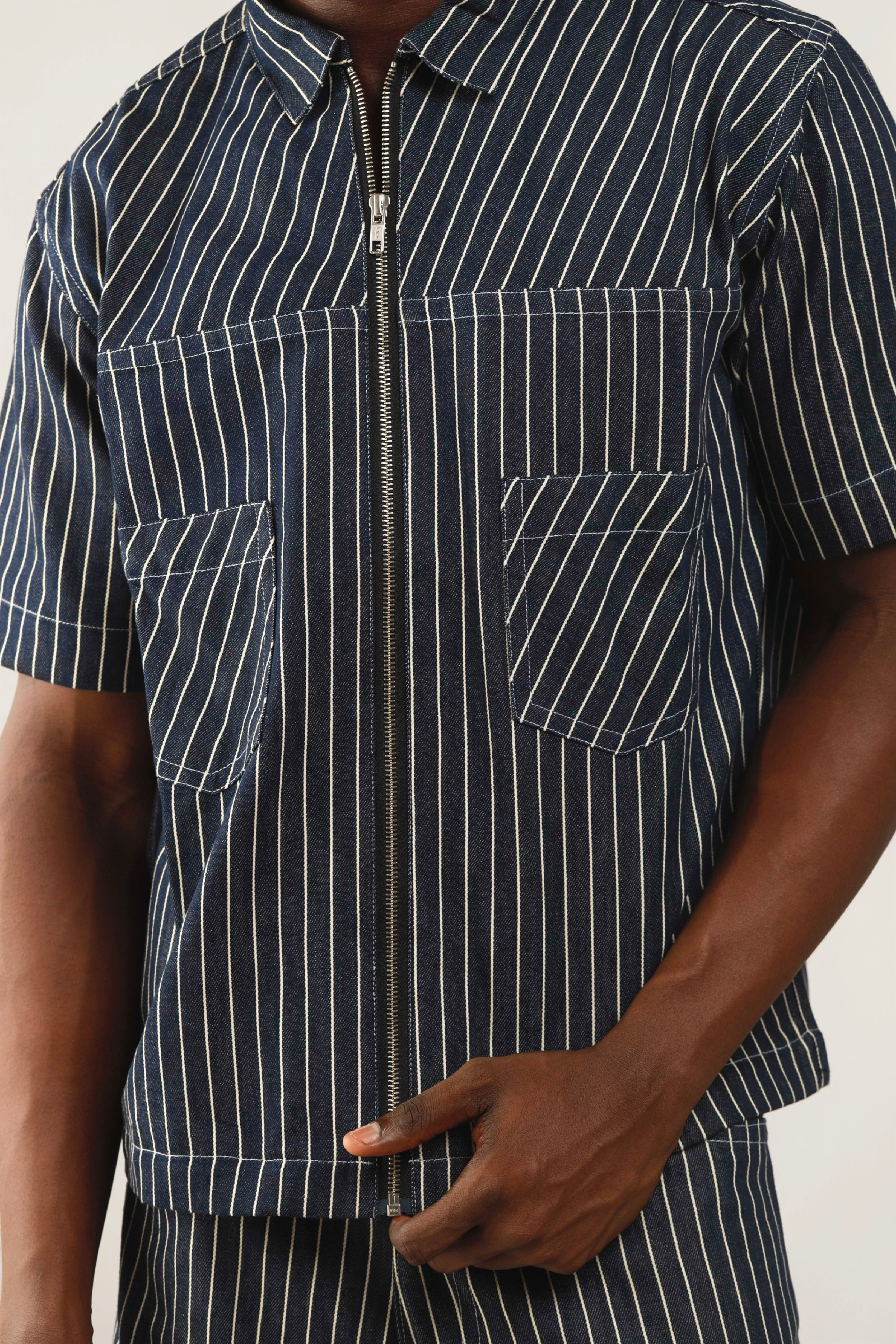 Claire Stripe Denim Zipper Shirt Jacket