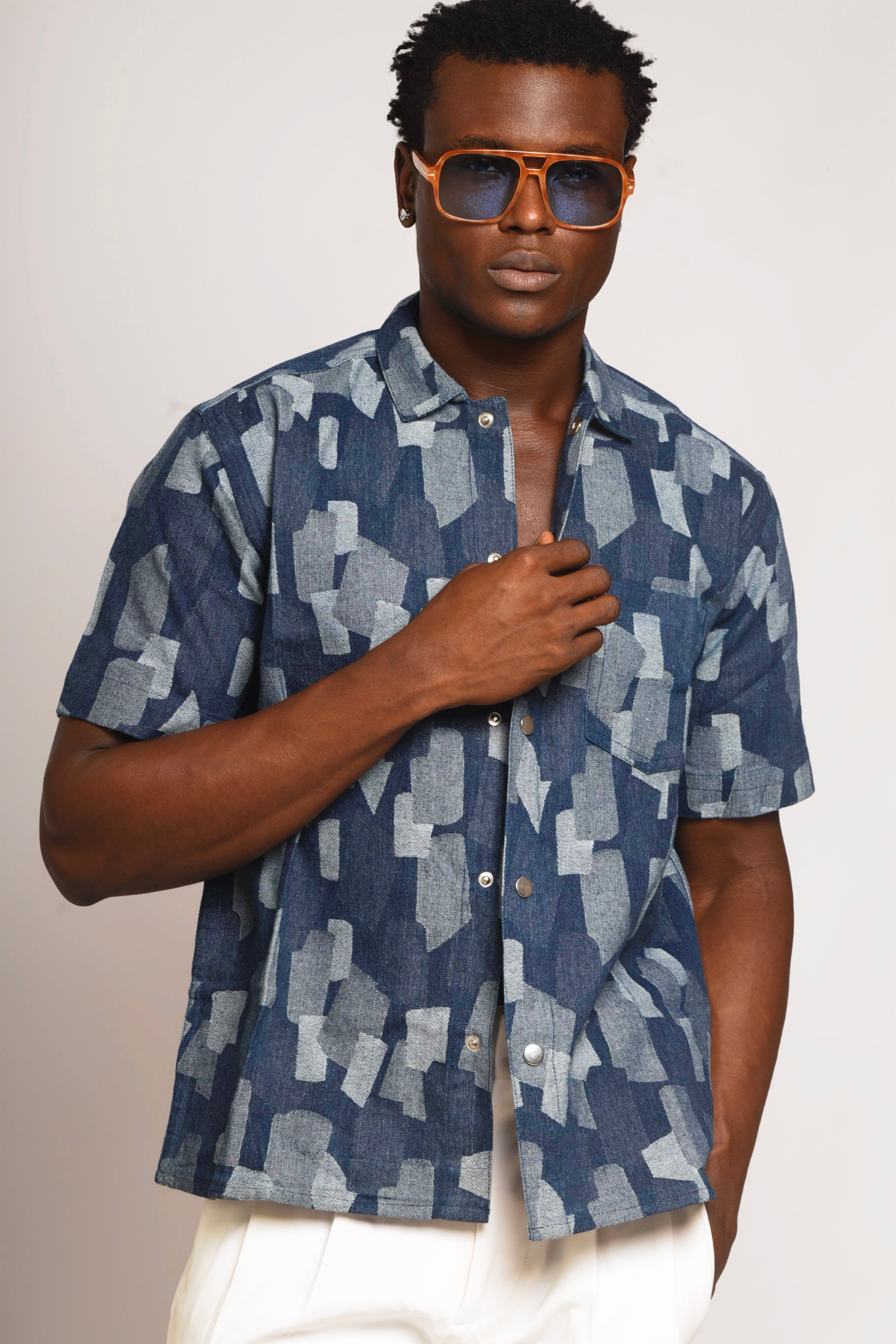 Callum Block Print Denim Cropped Overshirt