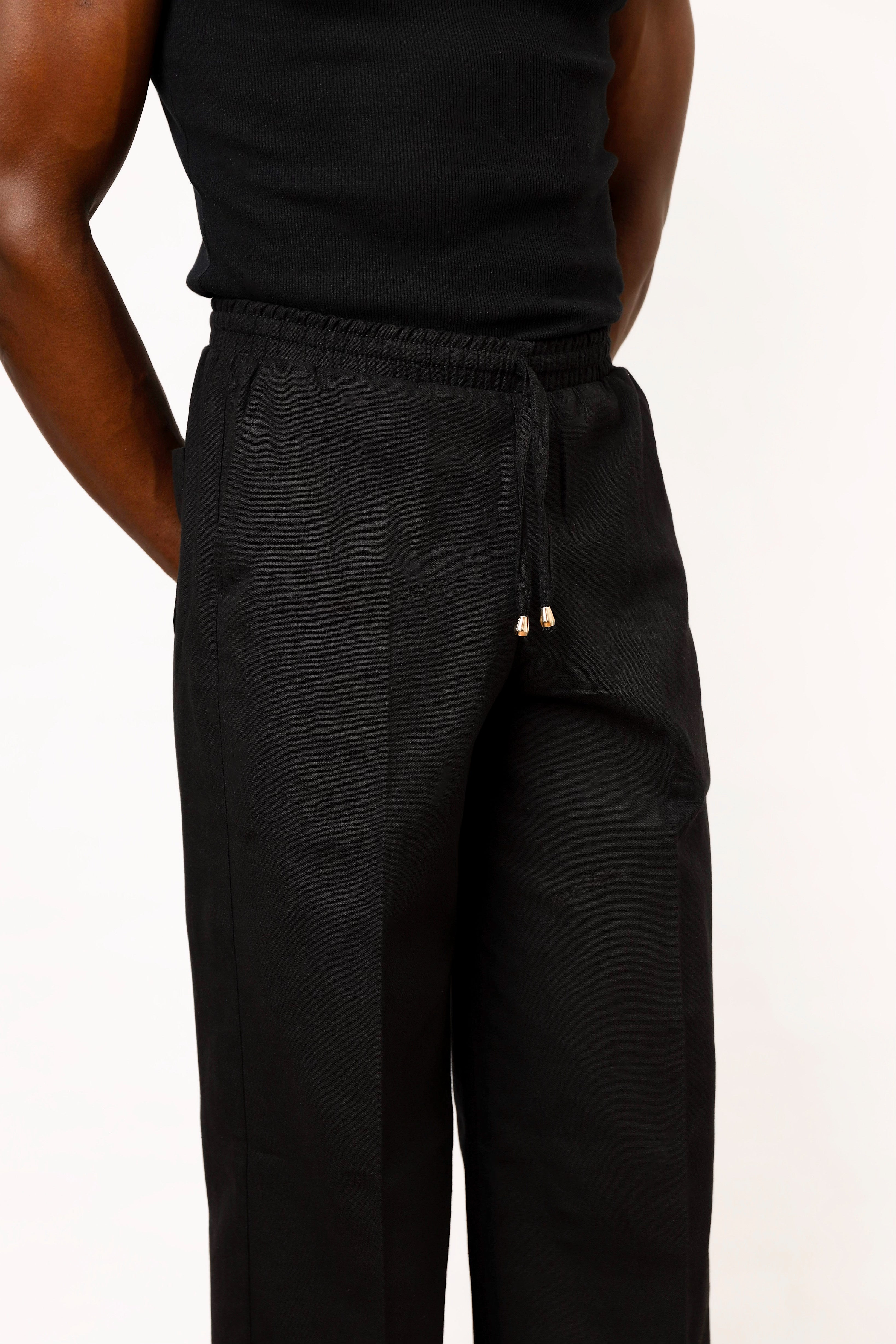 Cairo Linen Blend Baggy Drawstring Pants - Black
