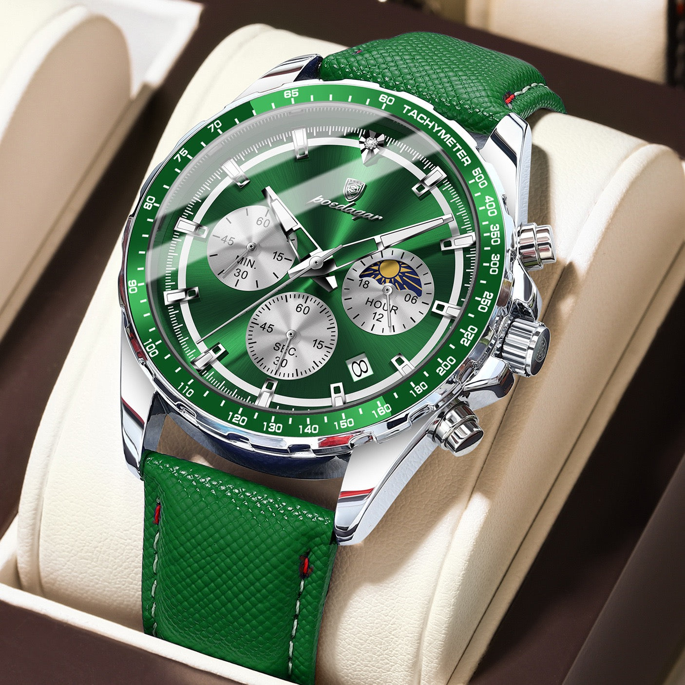 Axel Chronograph Leather Strap Wristwatch - Green