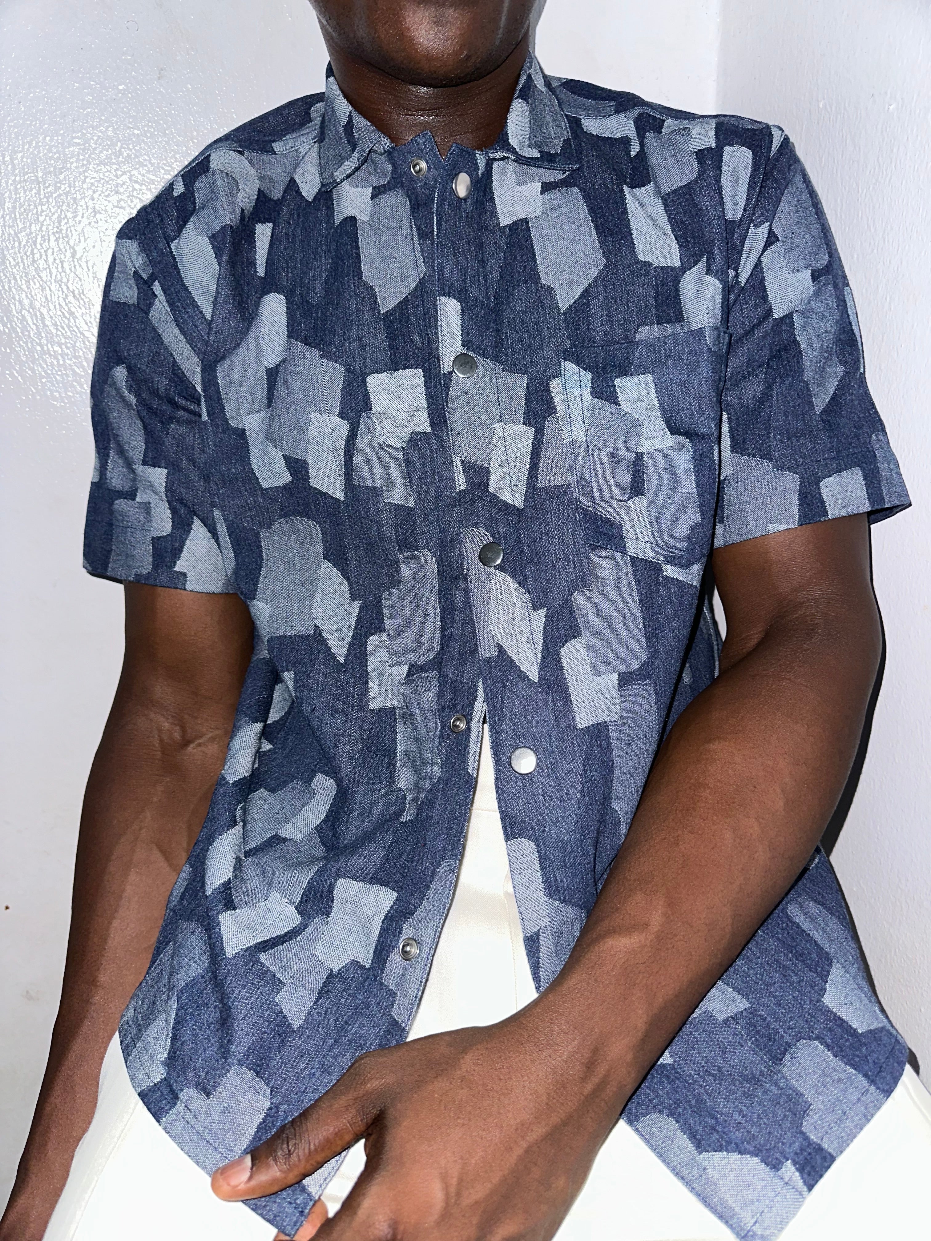 Callum Block Print Denim Cropped Overshirt