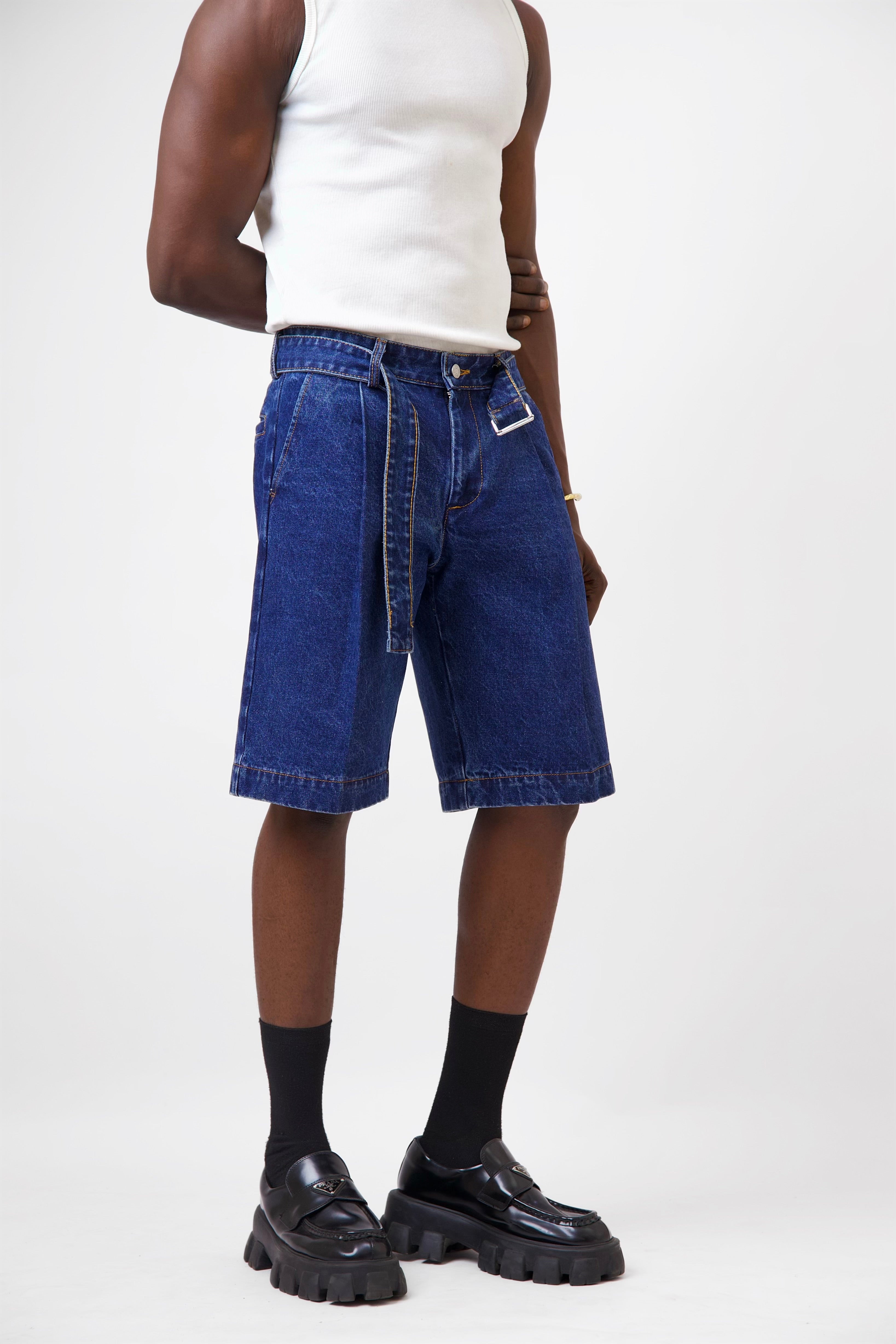 Claire Oxford Pleated Denim Short With Belt-1