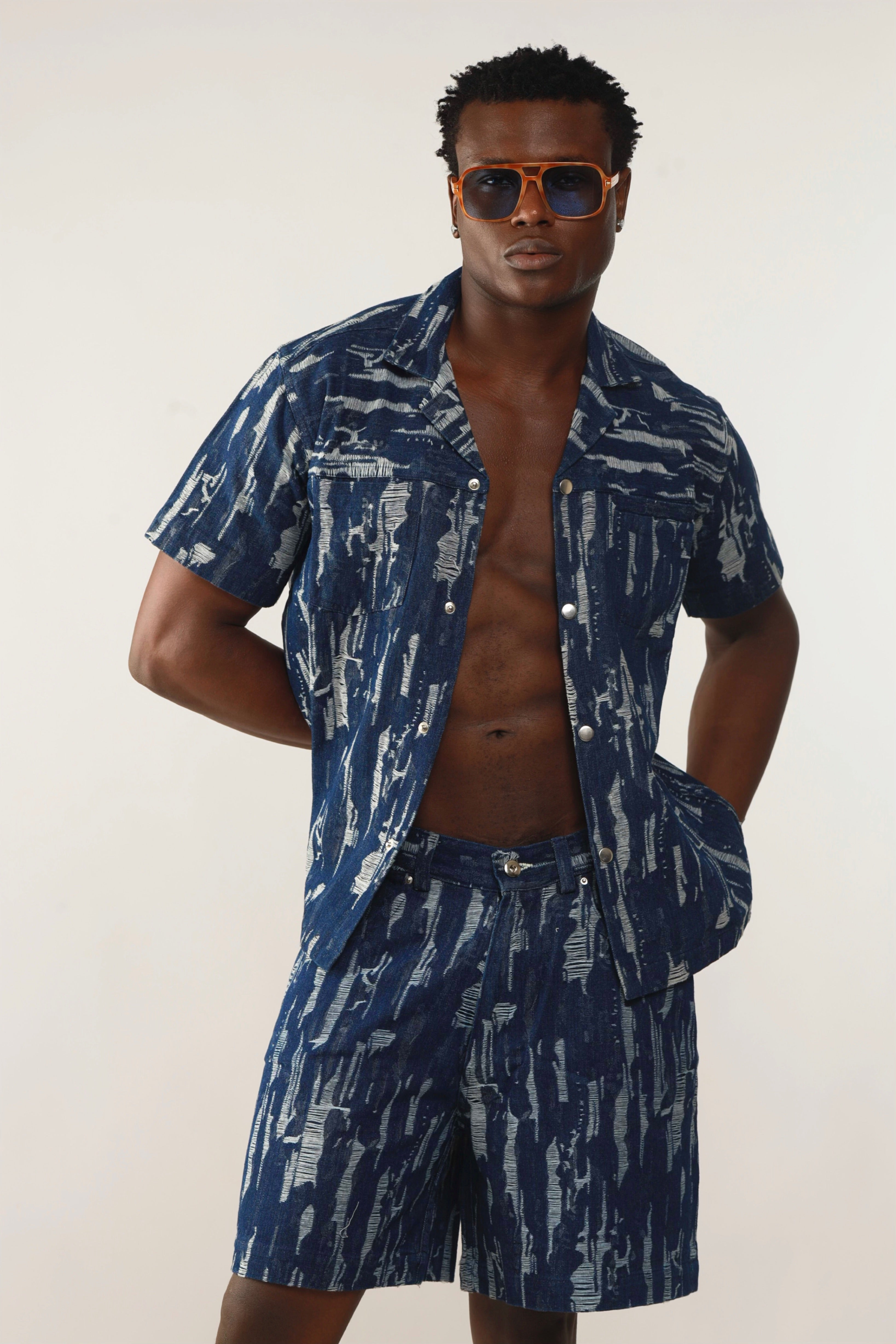 Cairo Distressed Denim Cuban Shirt & Short/Jort (Two-Piece Set)-11
