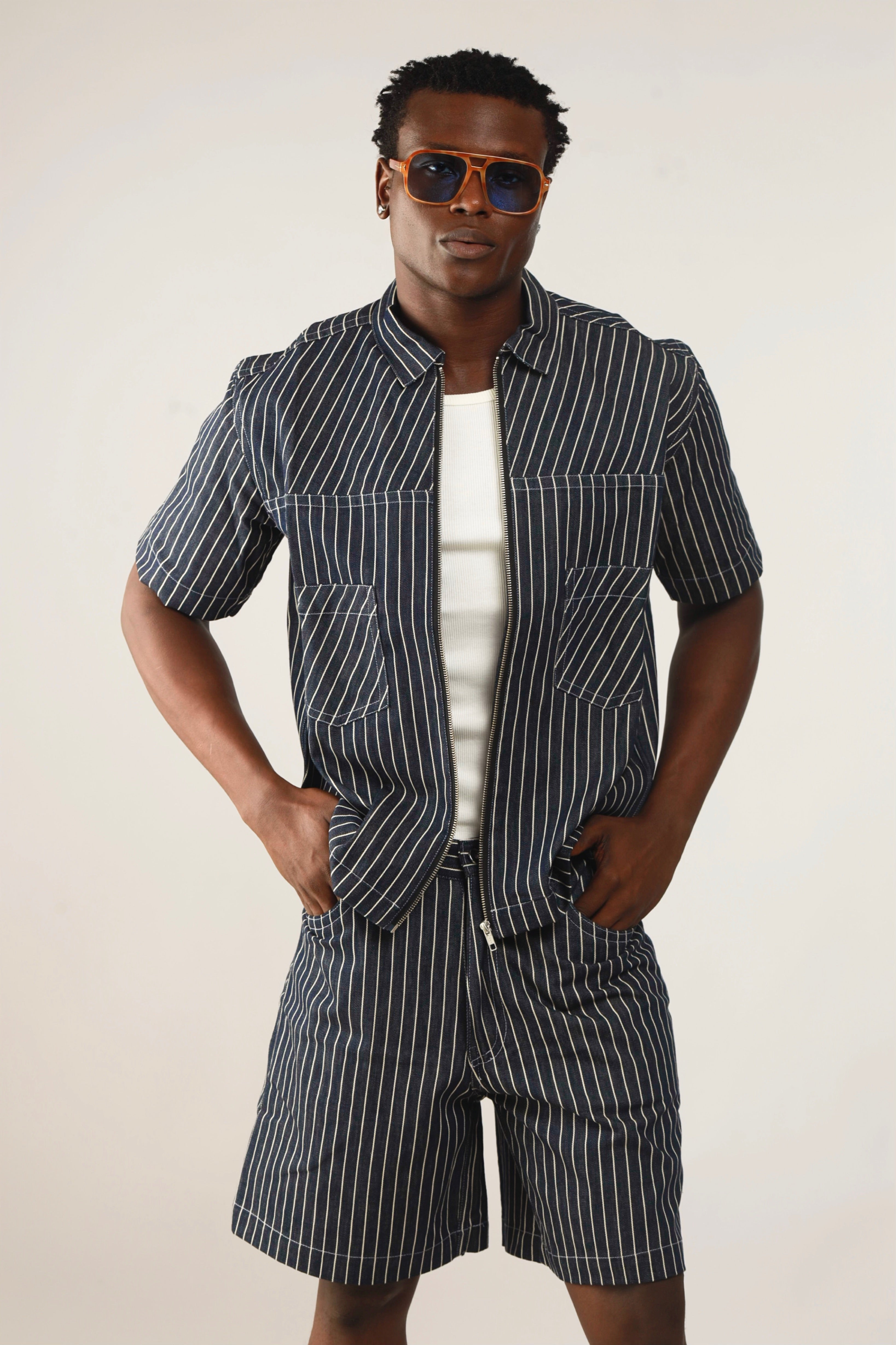 Claire Stripe Denim Zipper Shirt Jacket