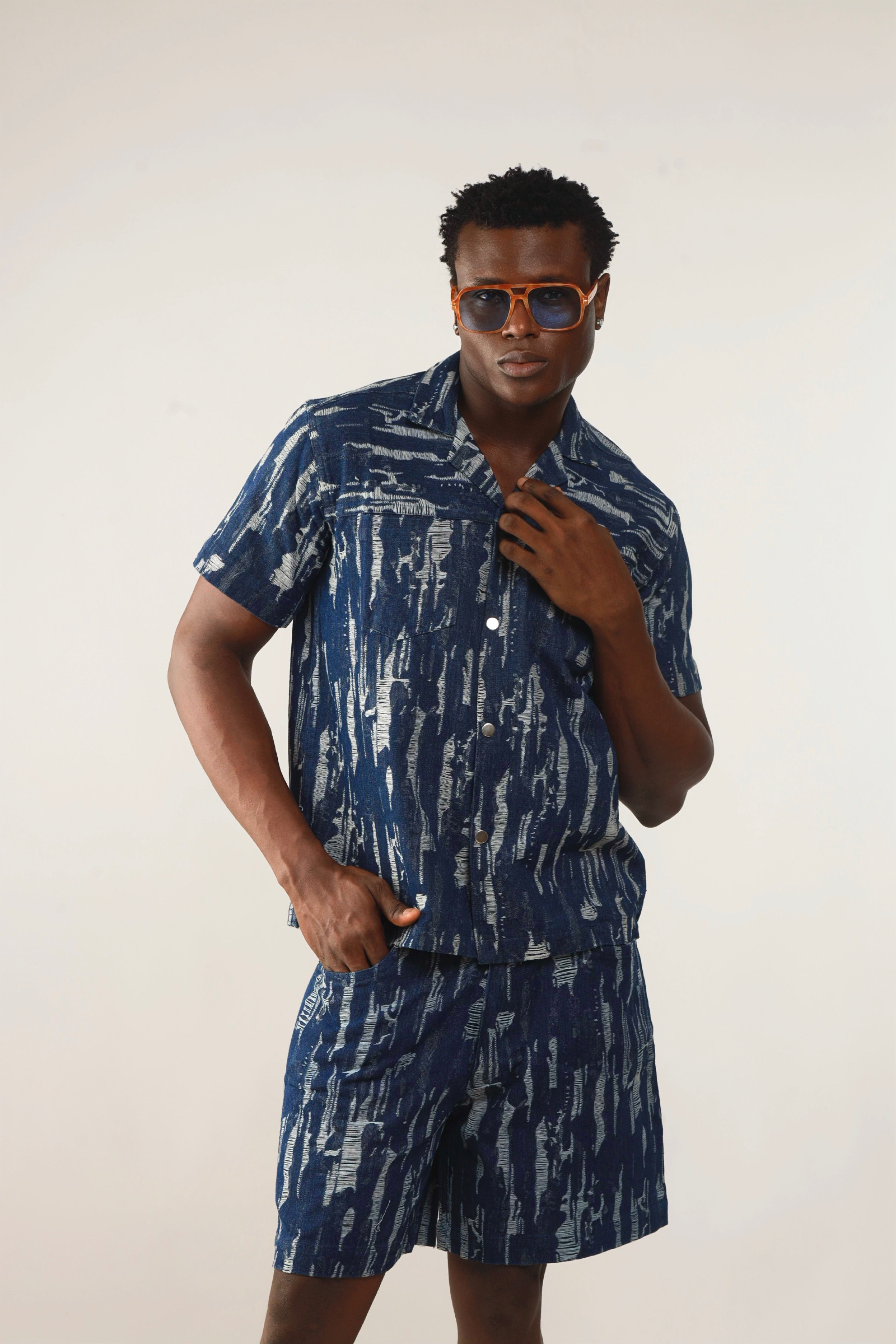Cairo Distressed Denim Cuban Shirt & Short/Jort (Two-Piece Set)-12