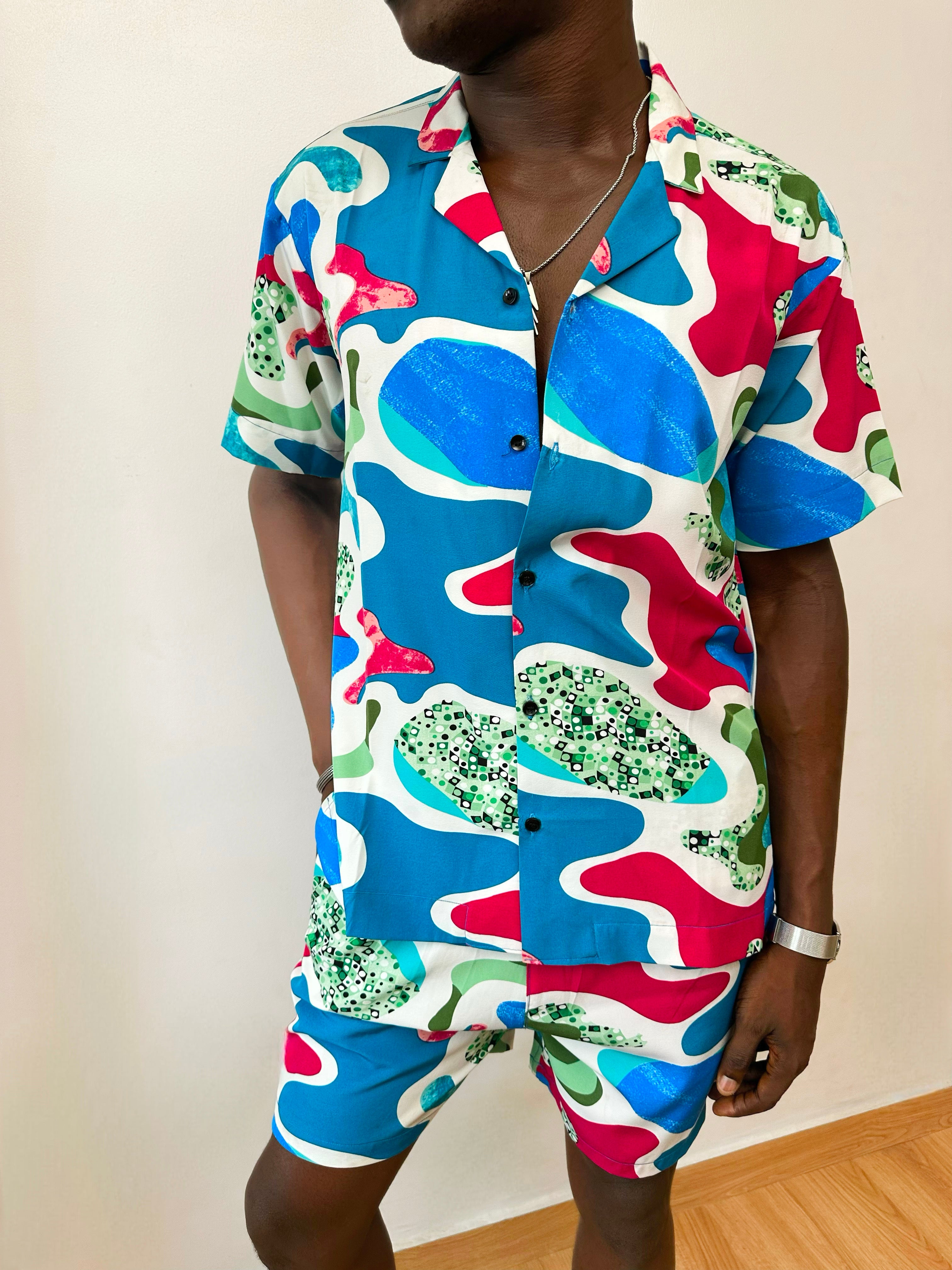 Cortez Relaxed Abstract Print Two-Piece Set (Cuban Shirt & Short)