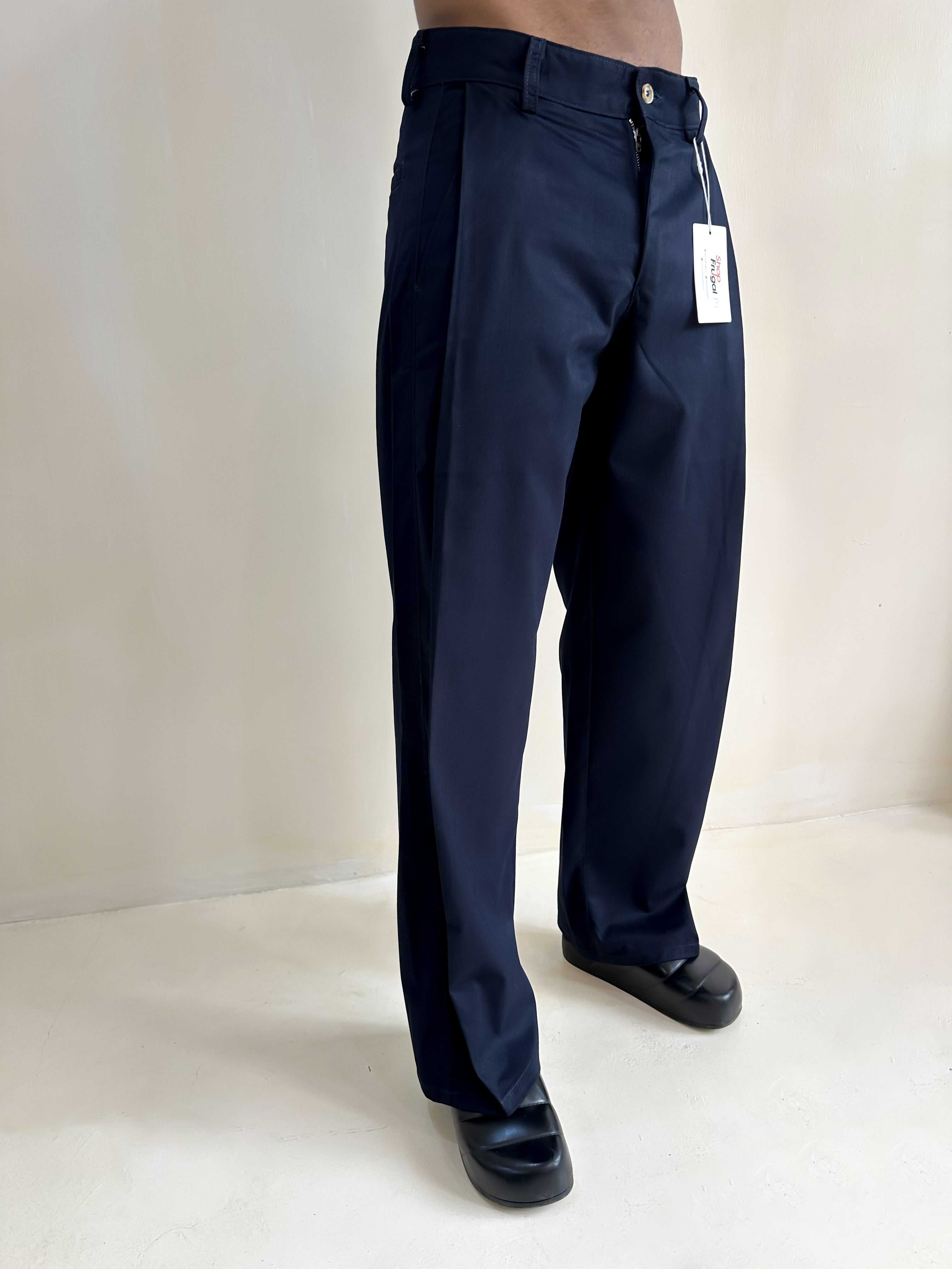 Carlo Oxford Wide-Leg Boxy Pleated Trouser - Navy Blue