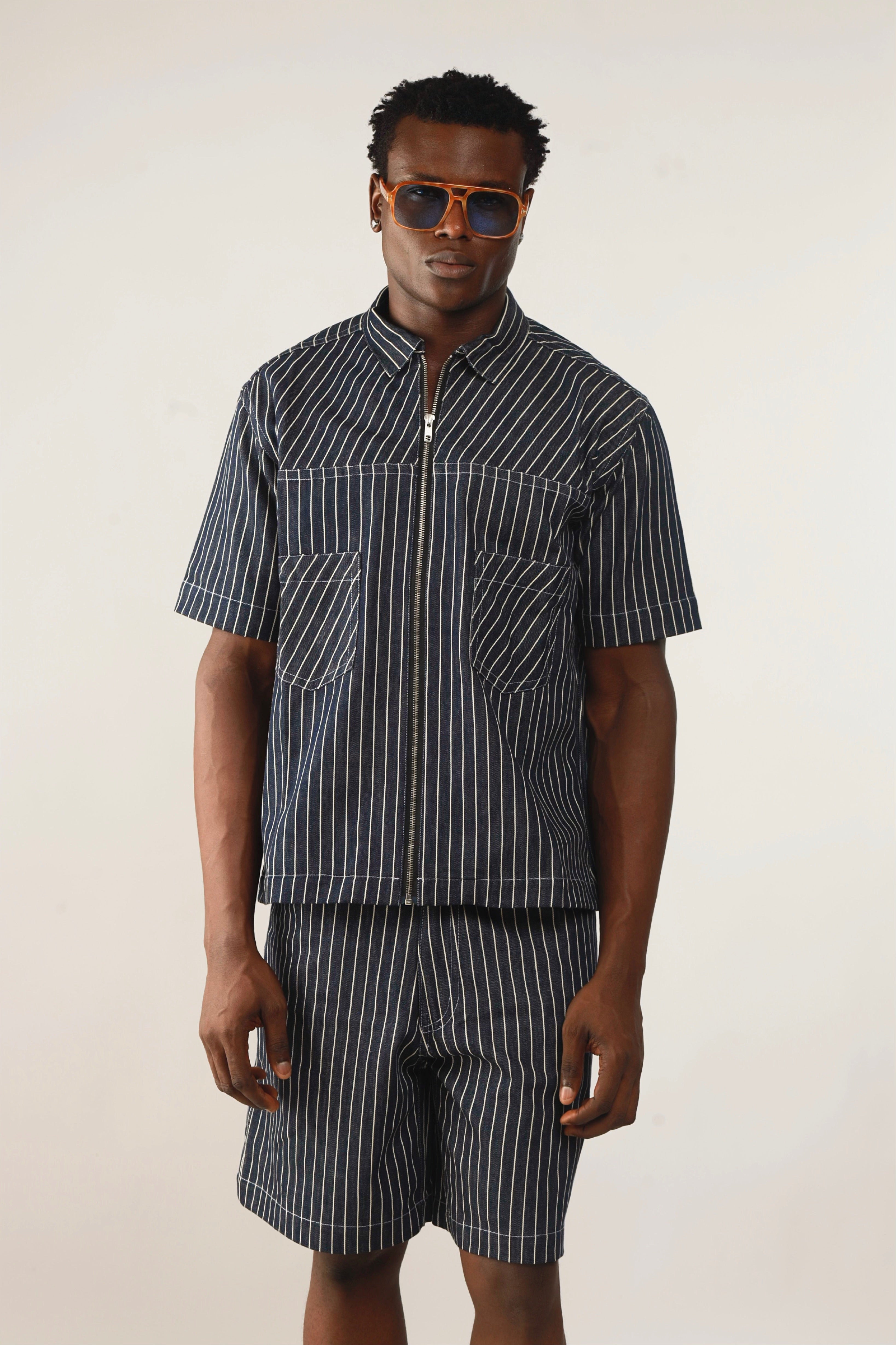 Claire Stripe Denim Zipper Shirt Jacket