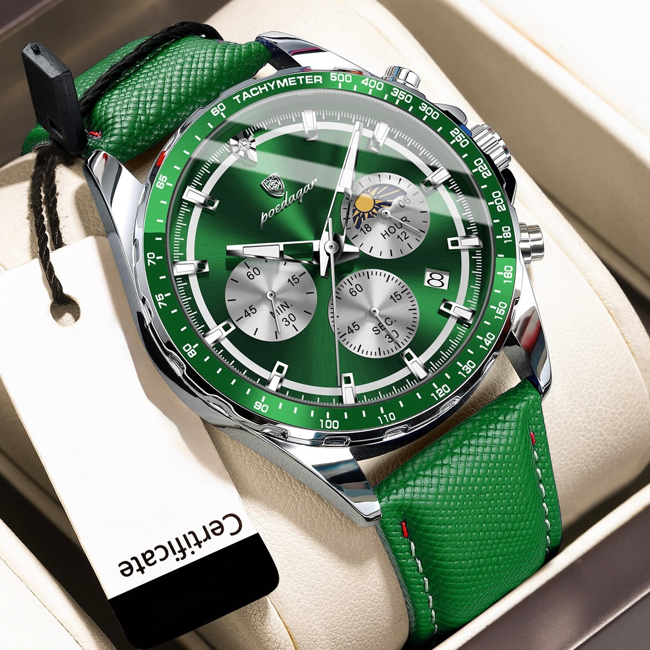 Axel Chronograph Leather Strap Wristwatch - Green