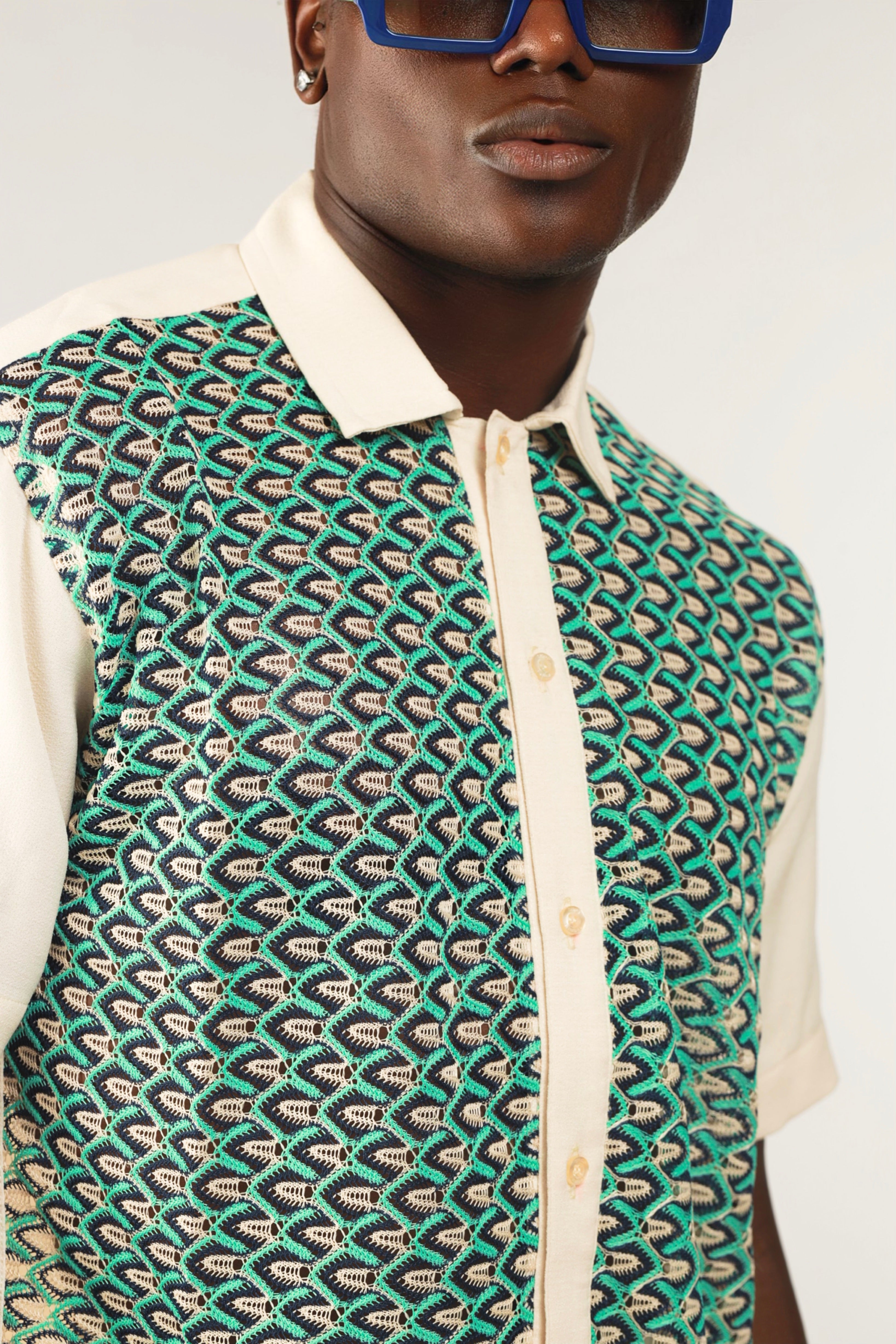 Cleo Resort Lace Print Shirt - Oatmeal/Green