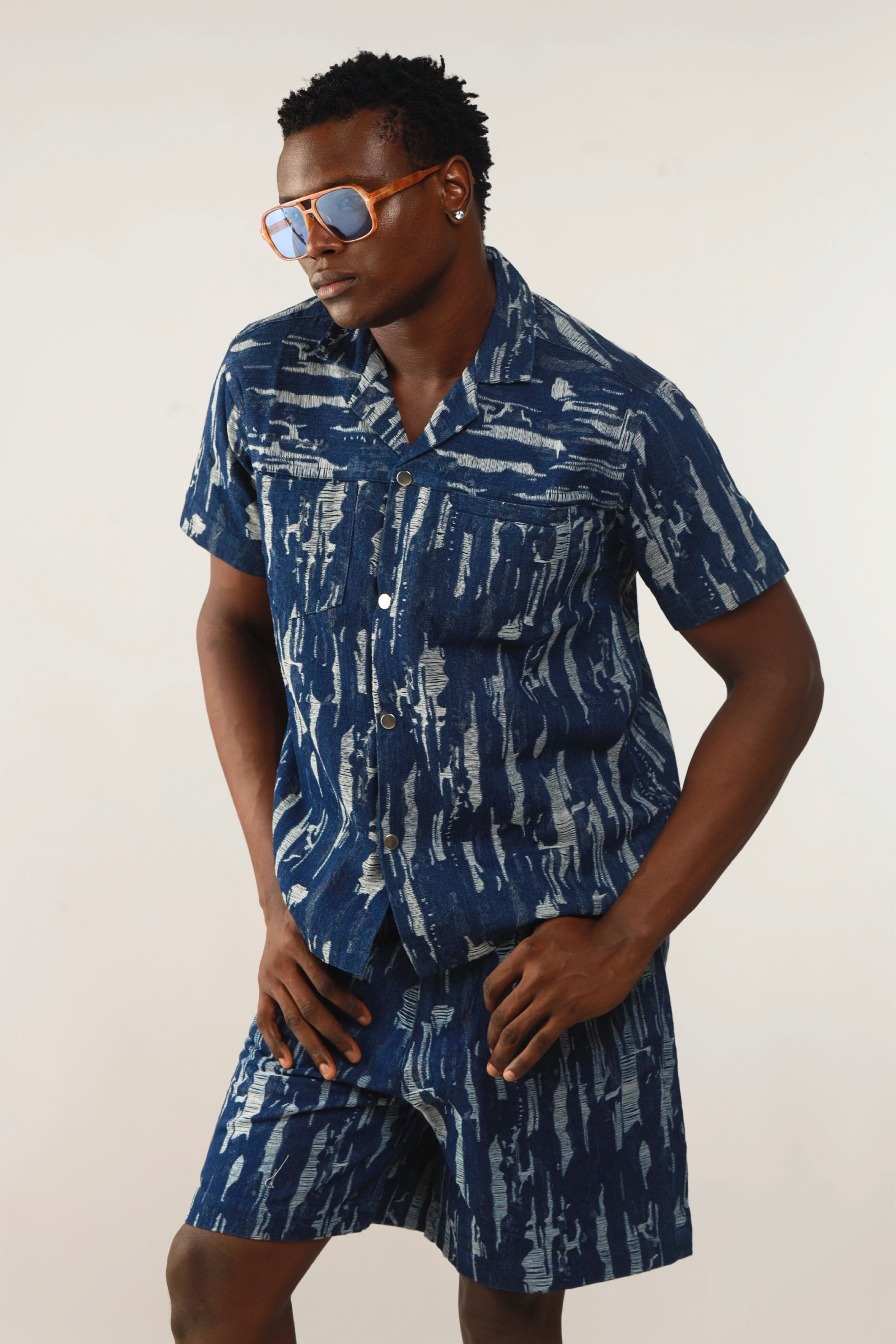 Cairo Distressed Denim Cuban Shirt & Short/Jort (Two-Piece Set)-13