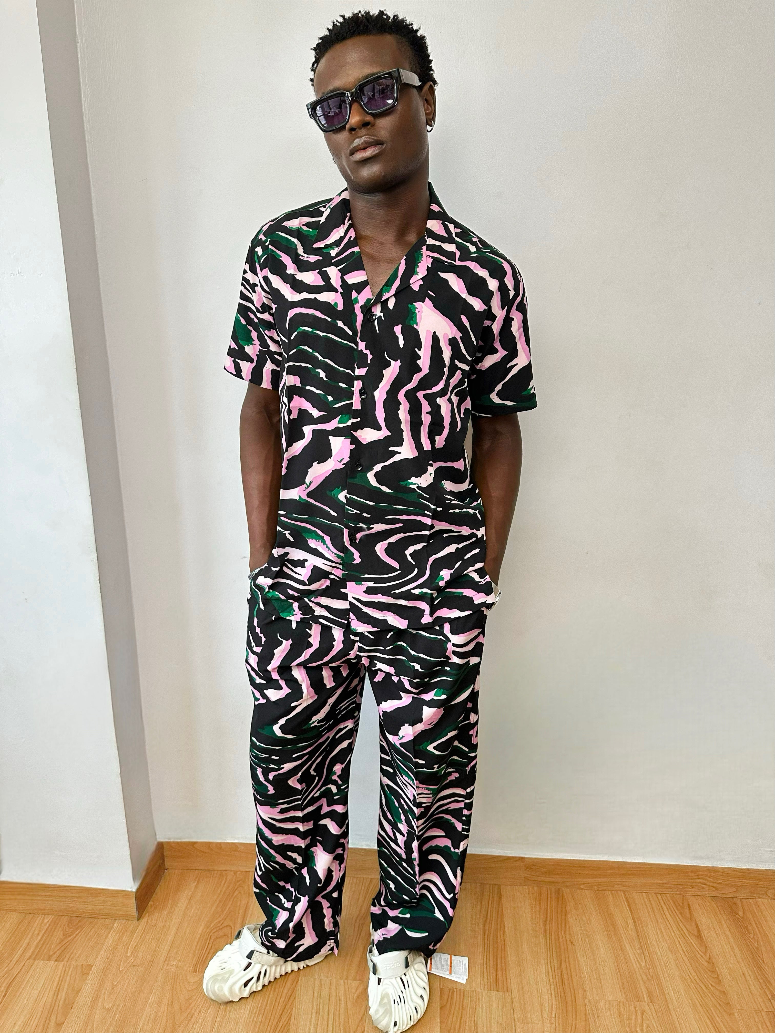 Chevelle Relaxed Abstract Zebra Print Two Piece Set (Cuban Shirt & Trouser)