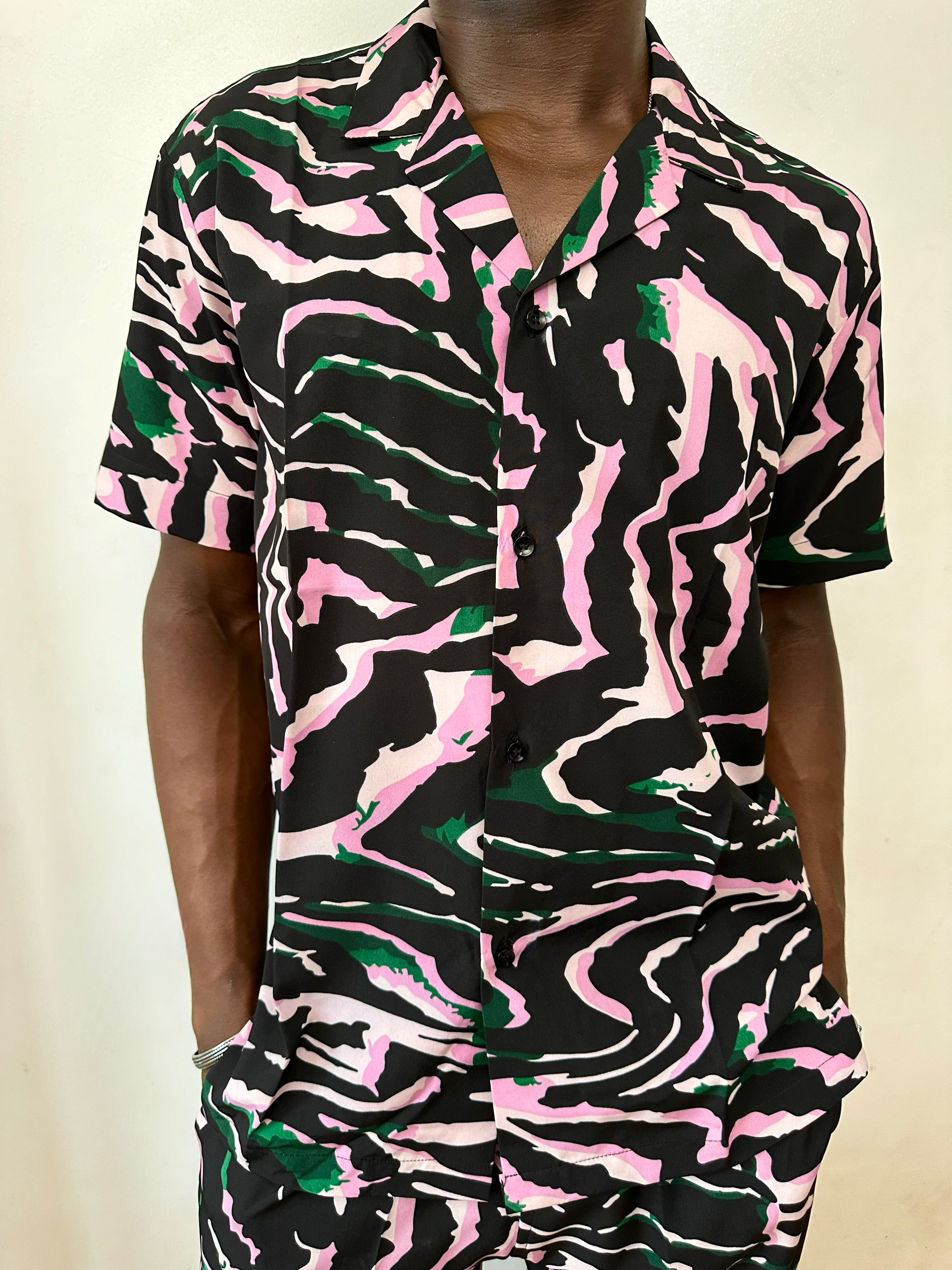 Chevelle Relaxed Abstract Zebra Print Two Piece Set (Cuban Shirt & Trouser)