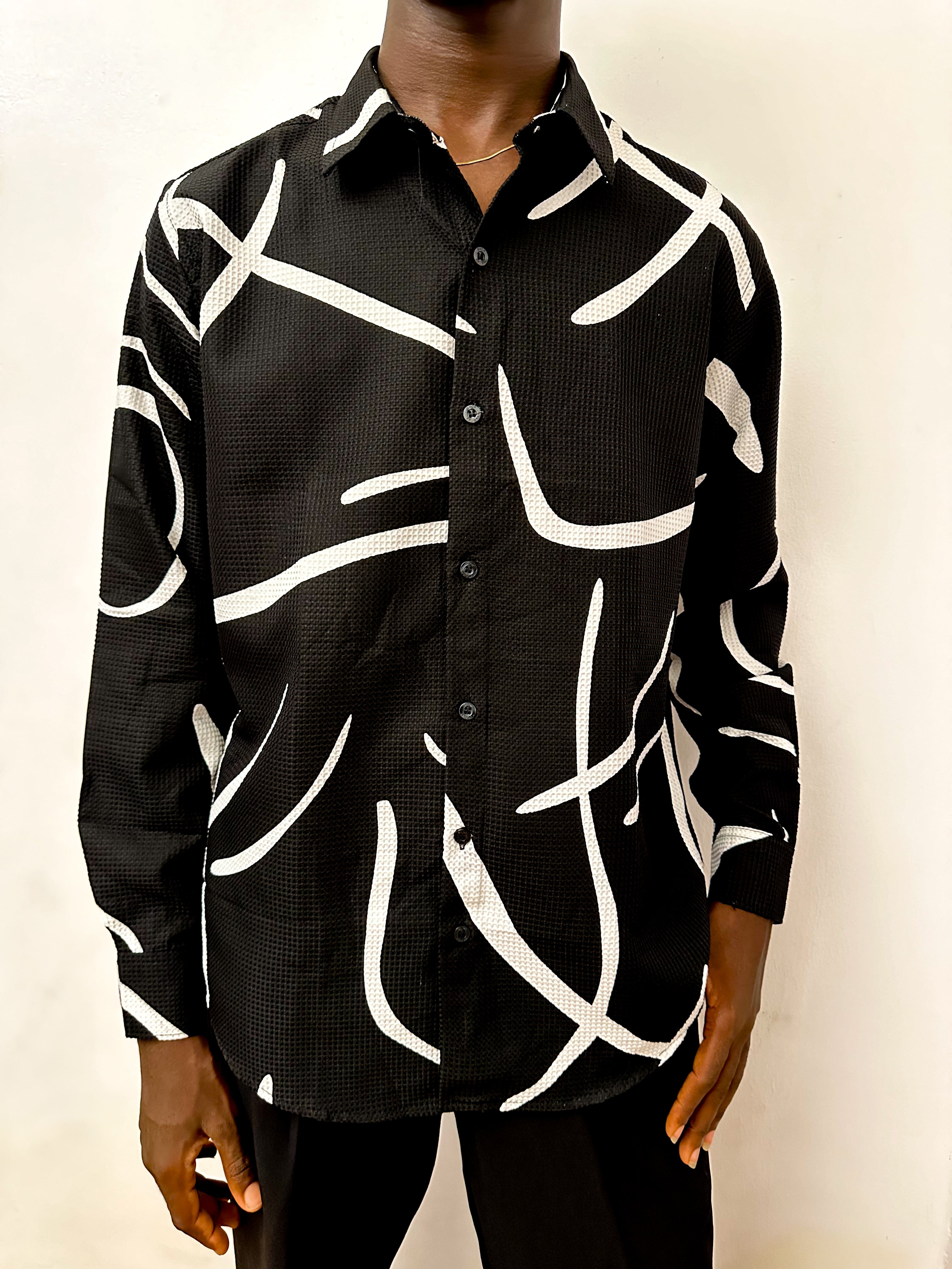 Cedric Doodle Waffle Print Longsleeve Shirt - Black