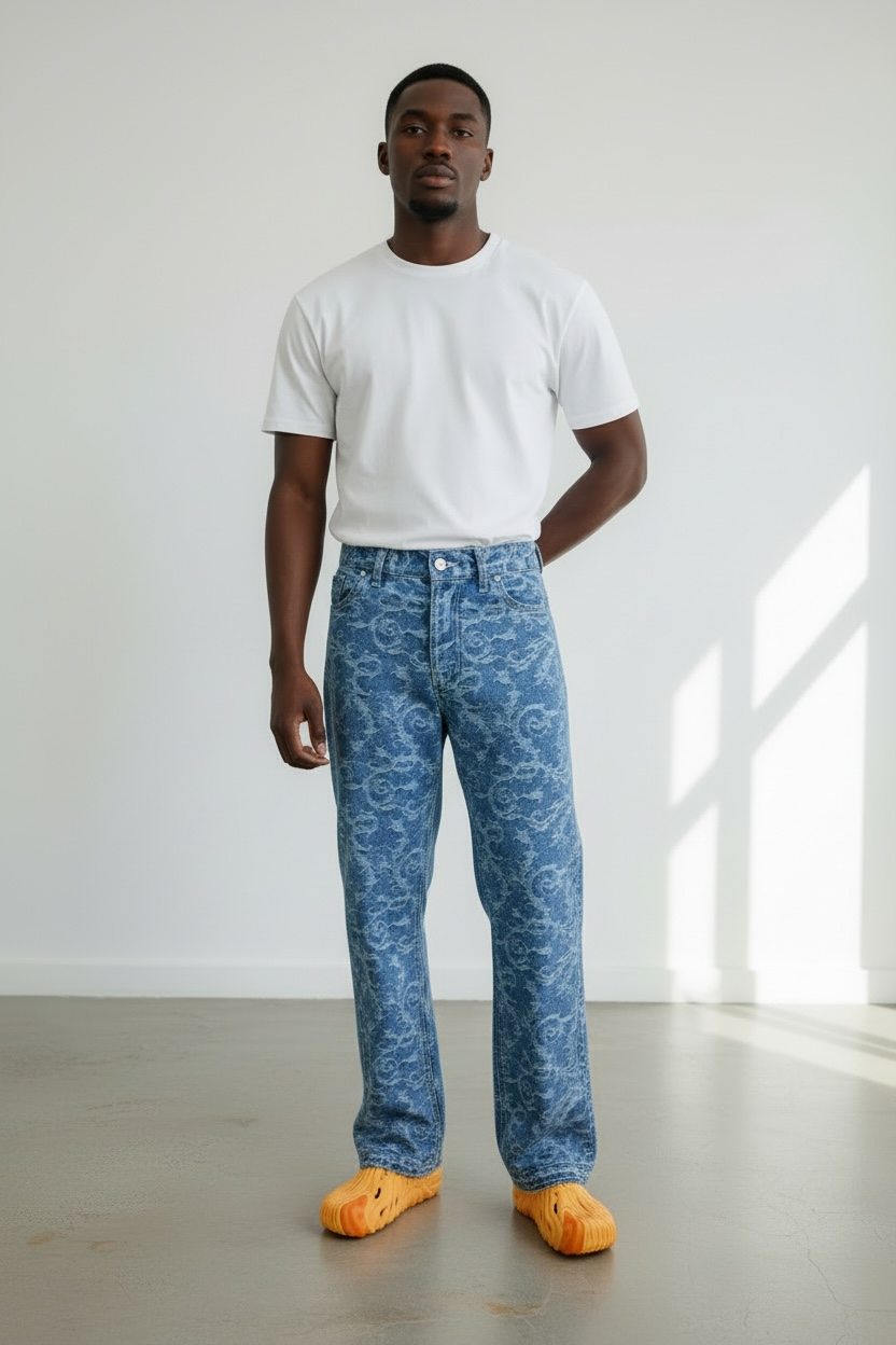 Ciela Jacquard Relaxed Flared Raw Hem Jeans