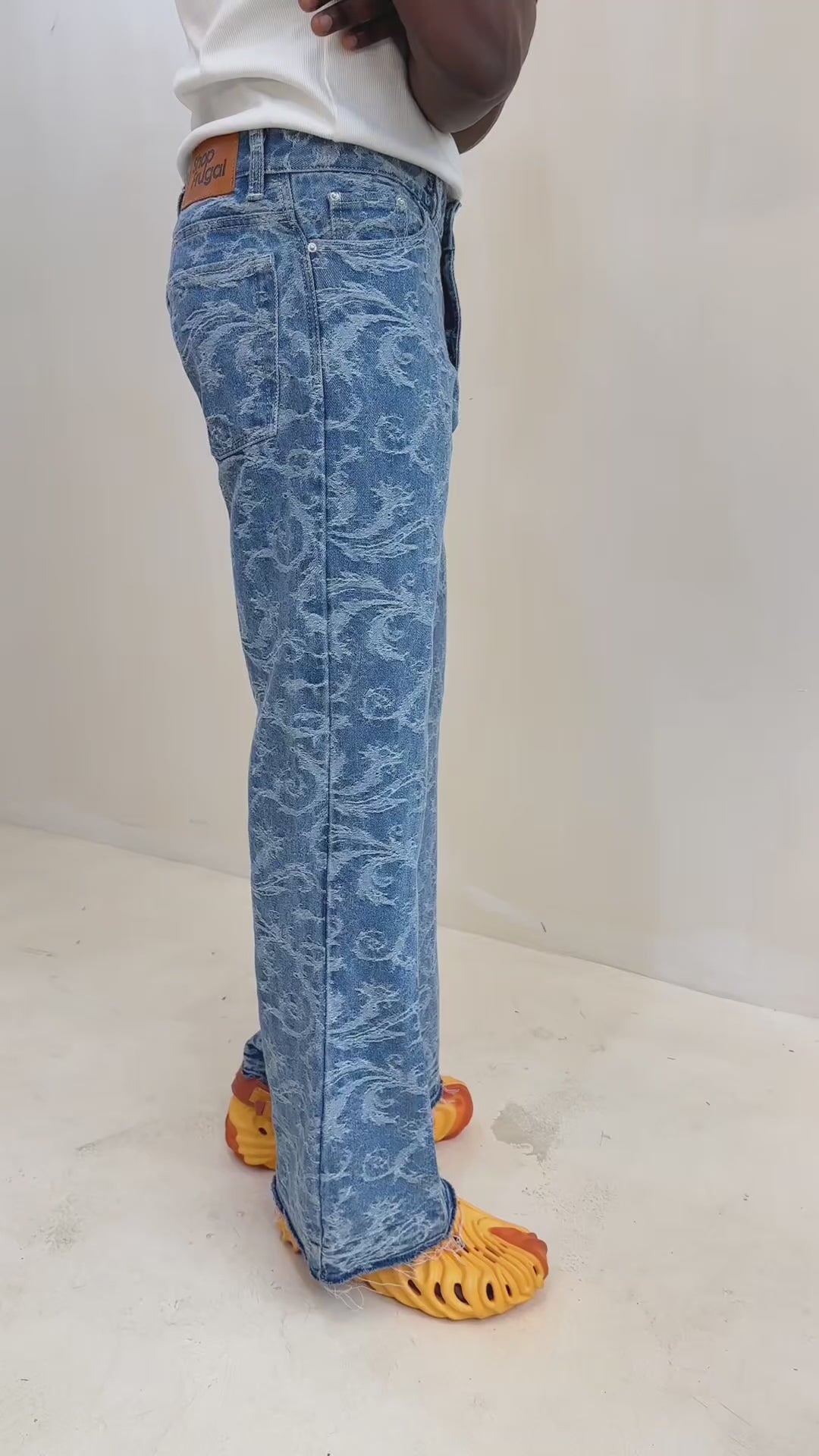 Ciela Jacquard Relaxed Flared Raw Hem Jeans