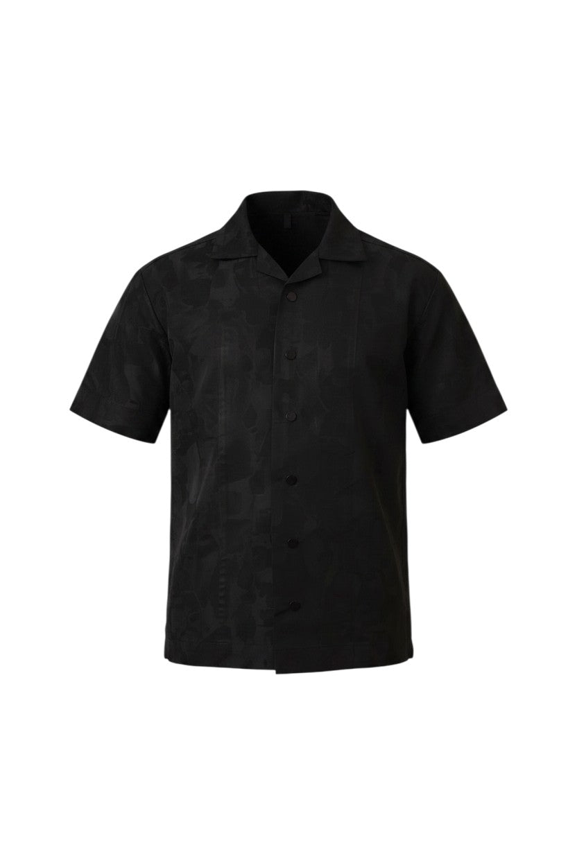 Shop Frugal black brocade Cuban shirt with a relaxed silhouette and textured weave. Model wears size L.
